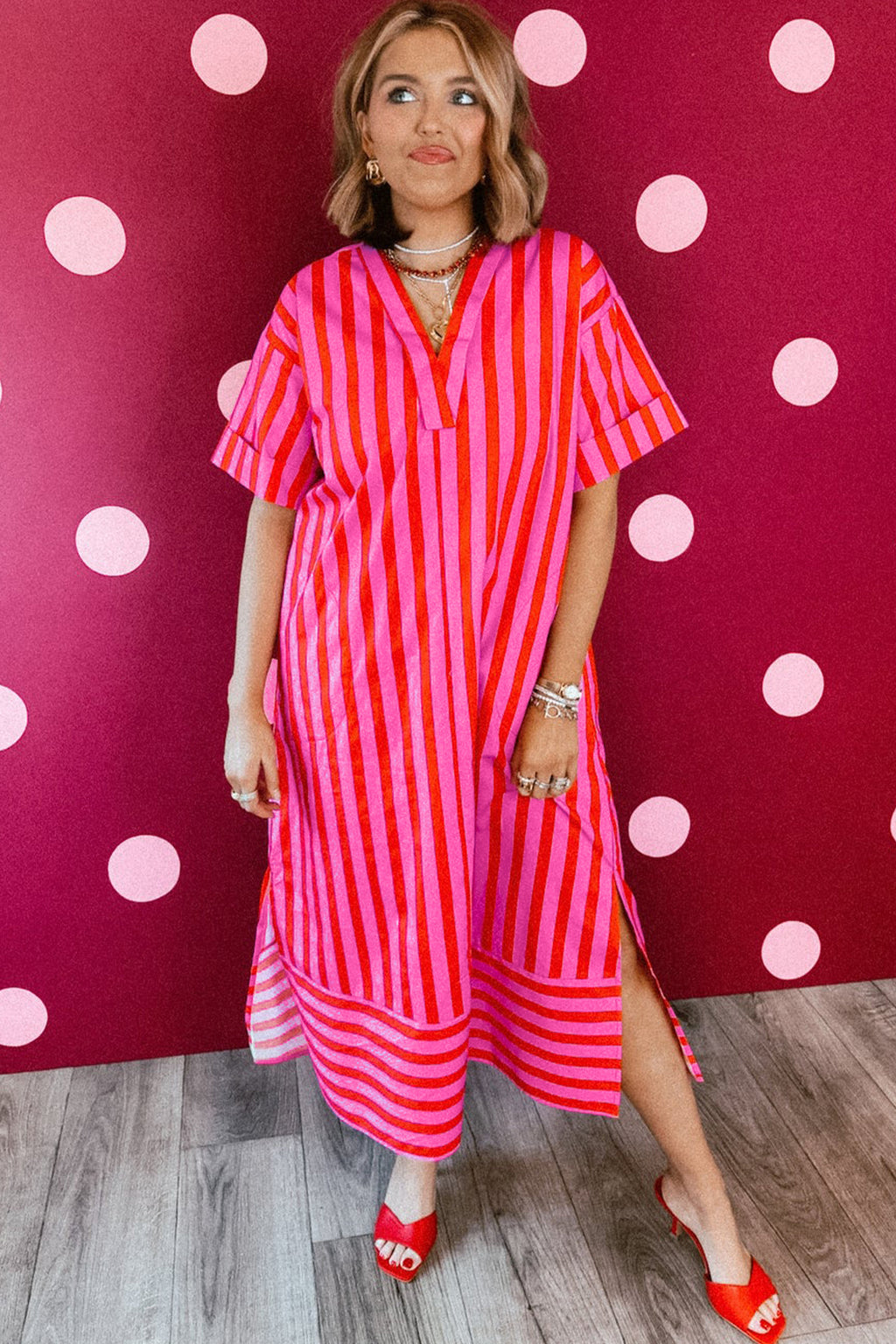 Red Stripe V Neck Cuffed Sleeve Relaxed Split Midi Dress