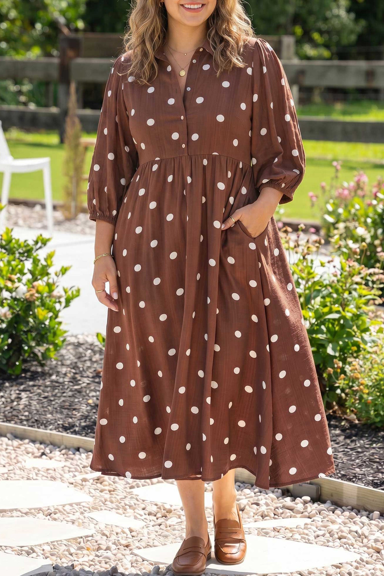 Brown Polka Dot V Neck Abdomen Pocket Gathered Cuffs Long Sleeve Shift Plus Size Dress