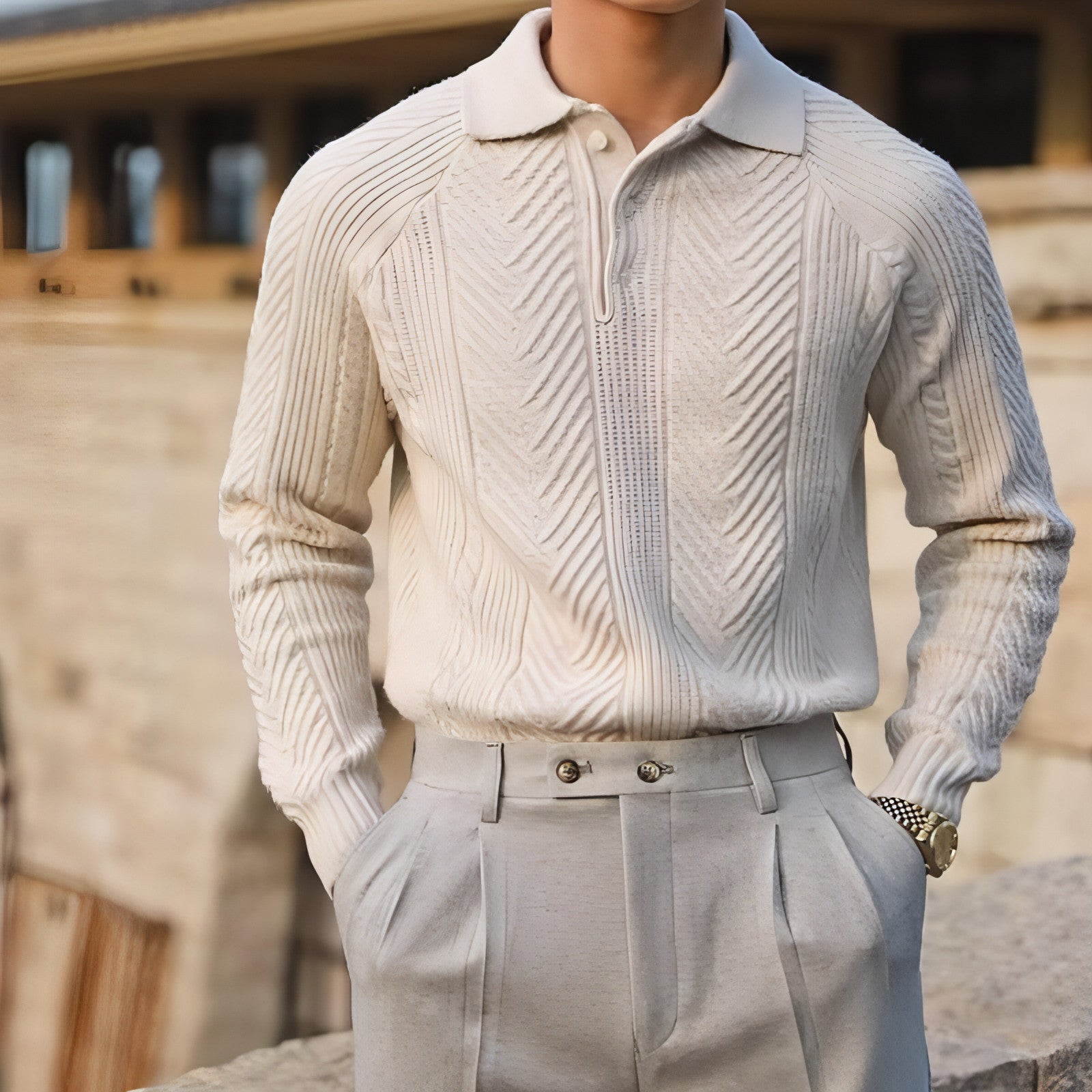 Mäns lapel stickad tröja vinter pullover långärmad toppkläder