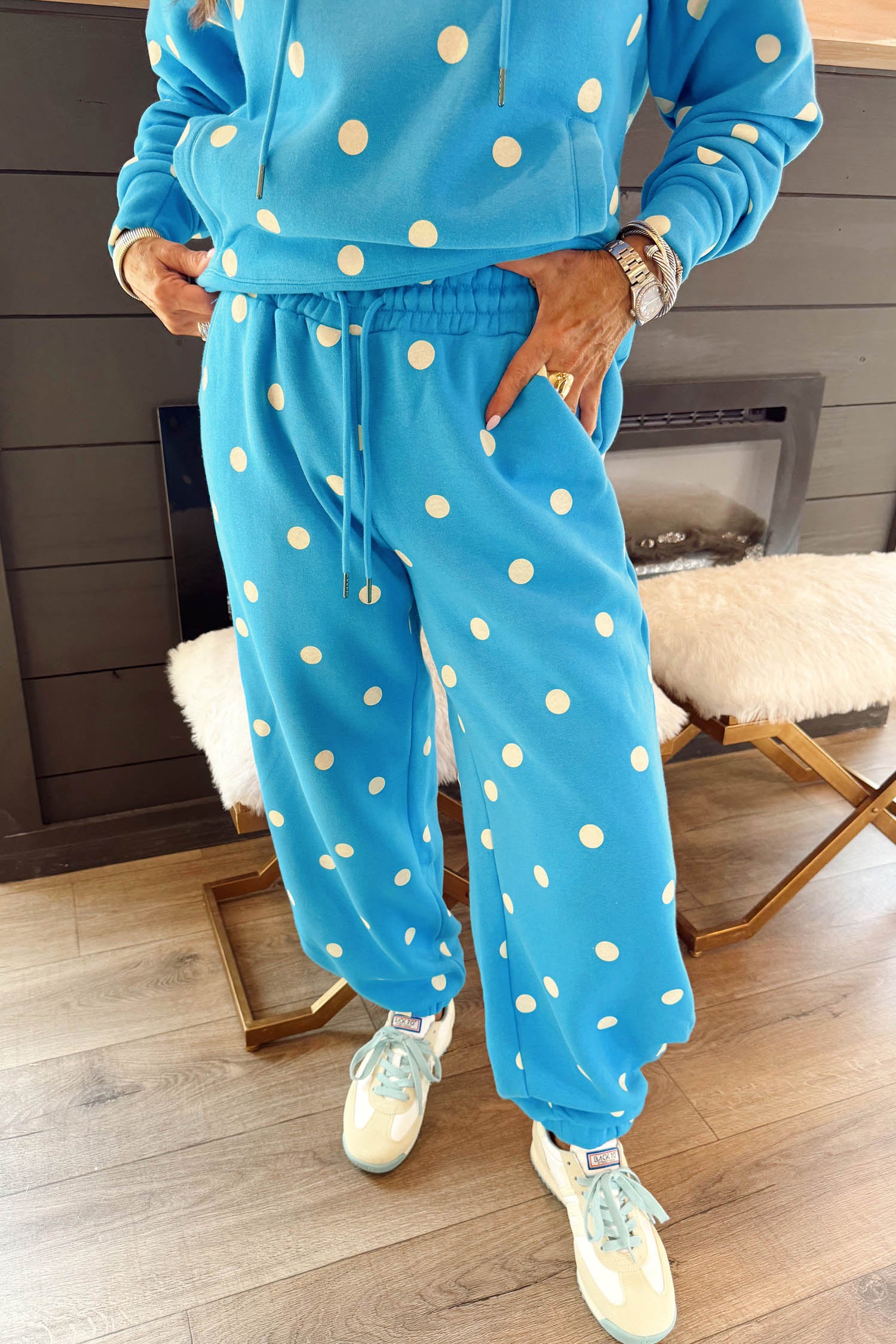 Blue Polka Dot Hooded Drawstring Long Sleeve Plus Size Set