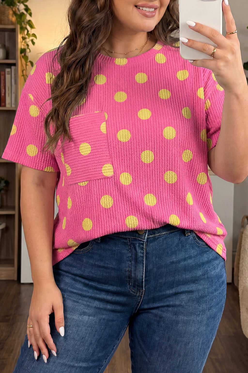 Pink Twisted Rib Polka Dot Print Plus Size T Shirt