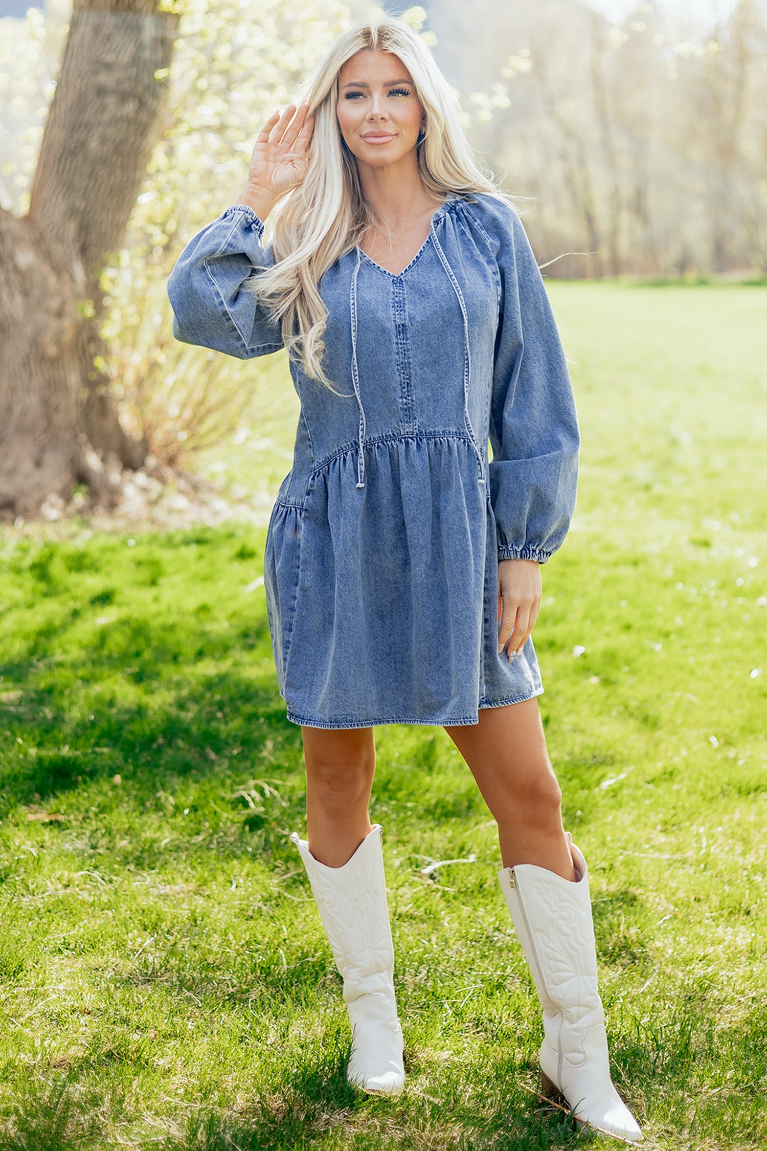 Myosotis Puff Sleeve V Neck Ruffled Loose Denim Mini Dress