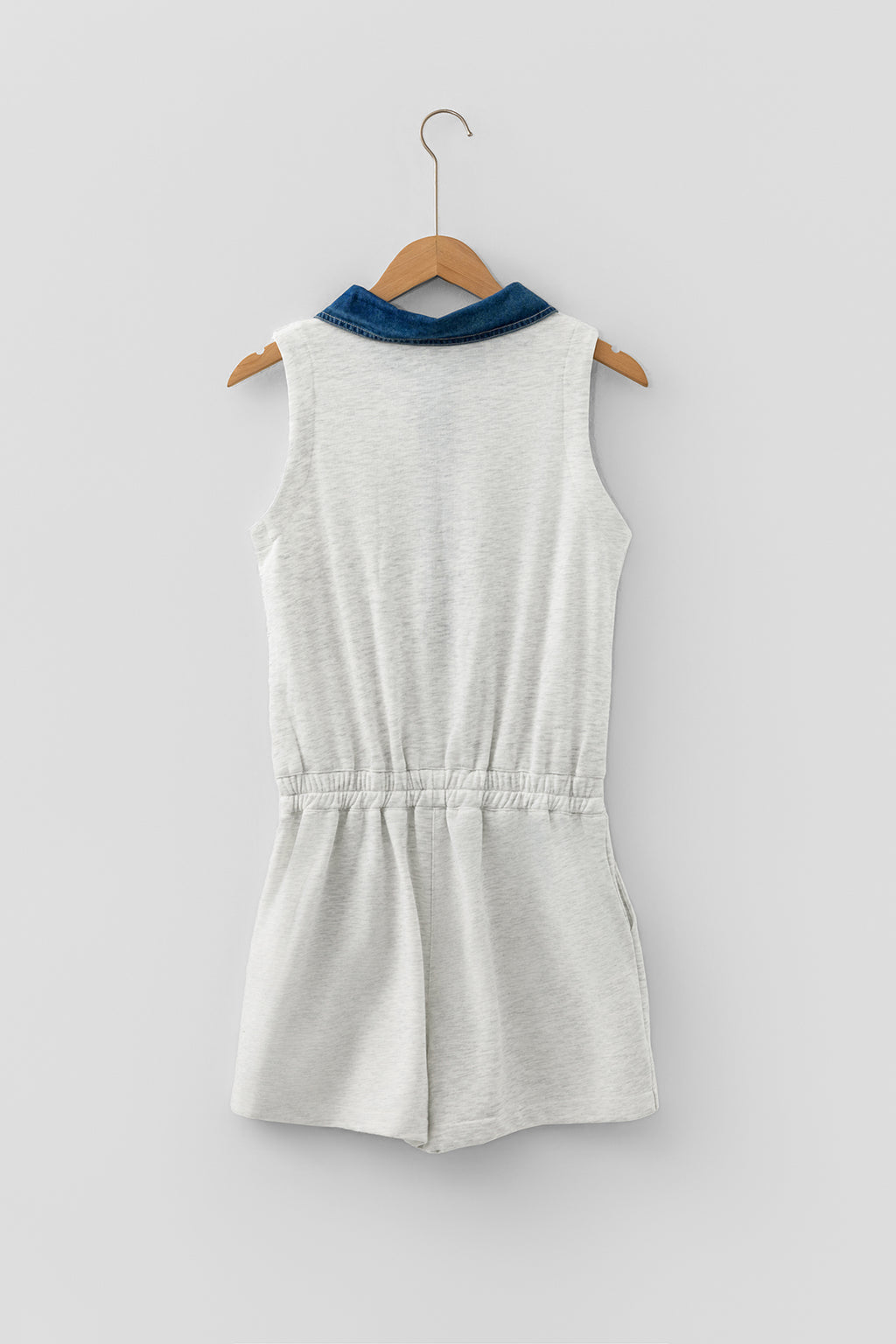 Light Grey Denim Patchwork Polo Collar Elastic Waist Sleeveless Romper