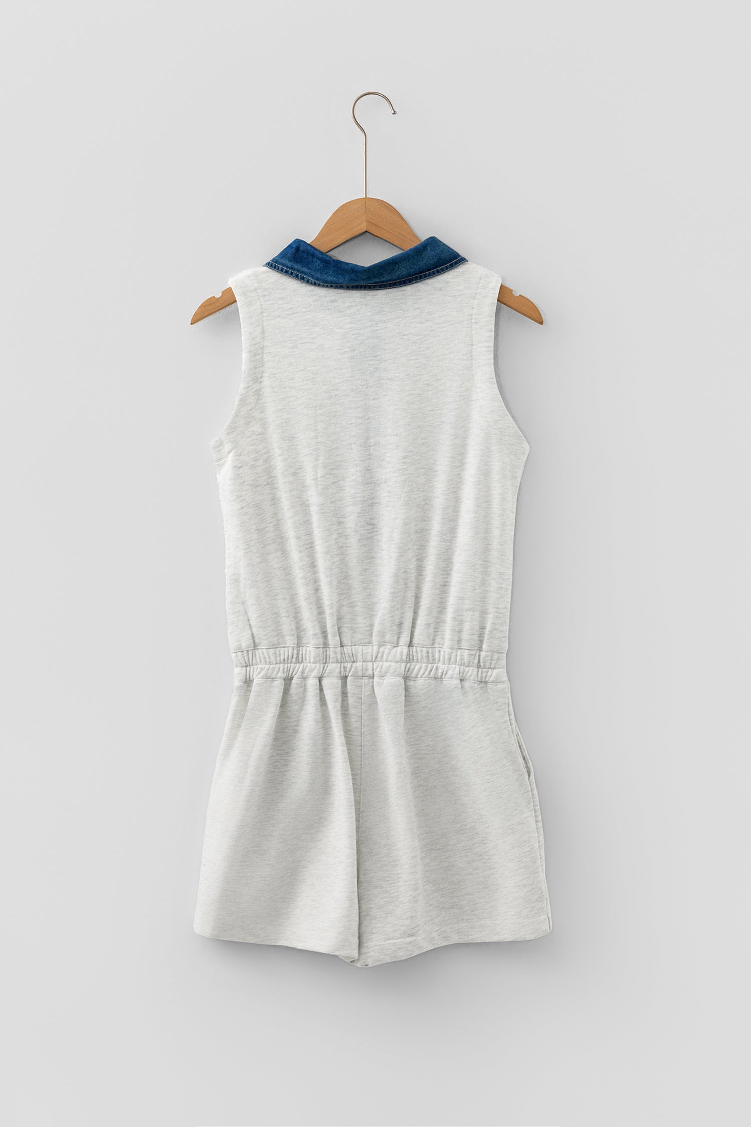 Light Grey Denim Patchwork Polo Collar Elastic Waist Sleeveless Romper