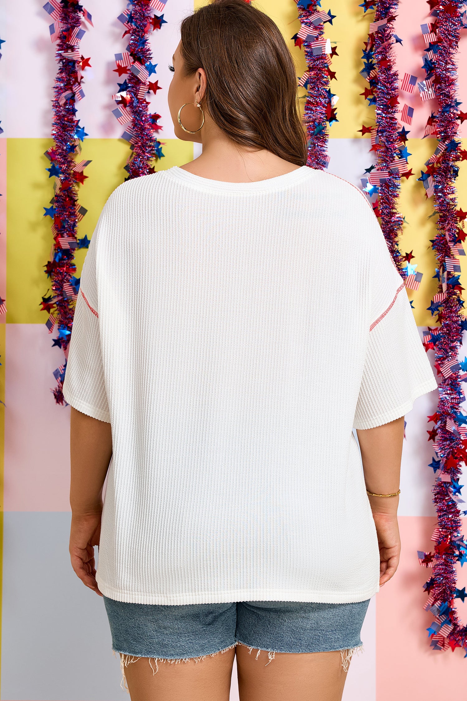White Plus Size Twisted Rib Vintage USA Letter Printed T Shirt