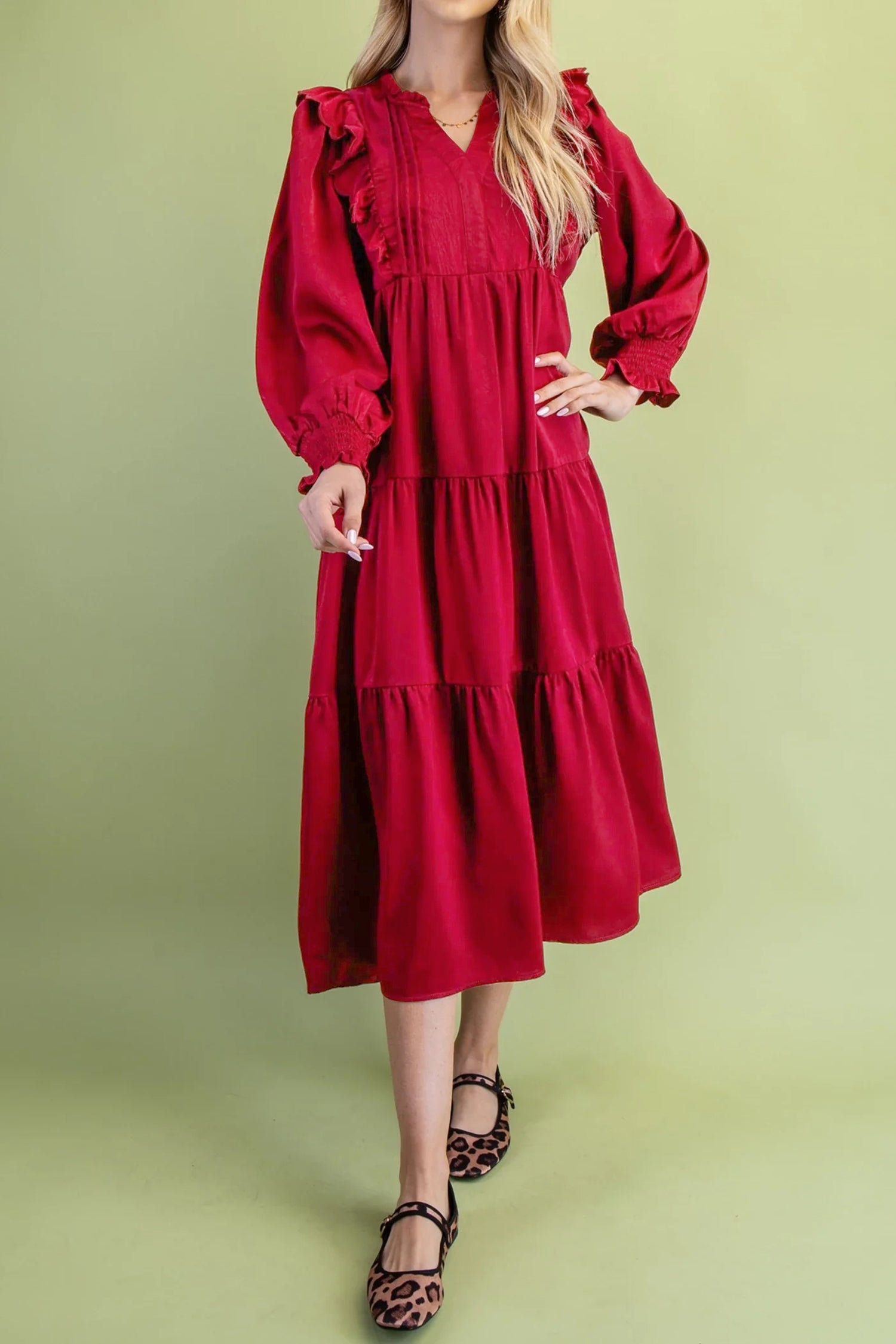 Racing Red Solid Color Ruffle Trim Long Sleeve Tiered Shift Midi Dress