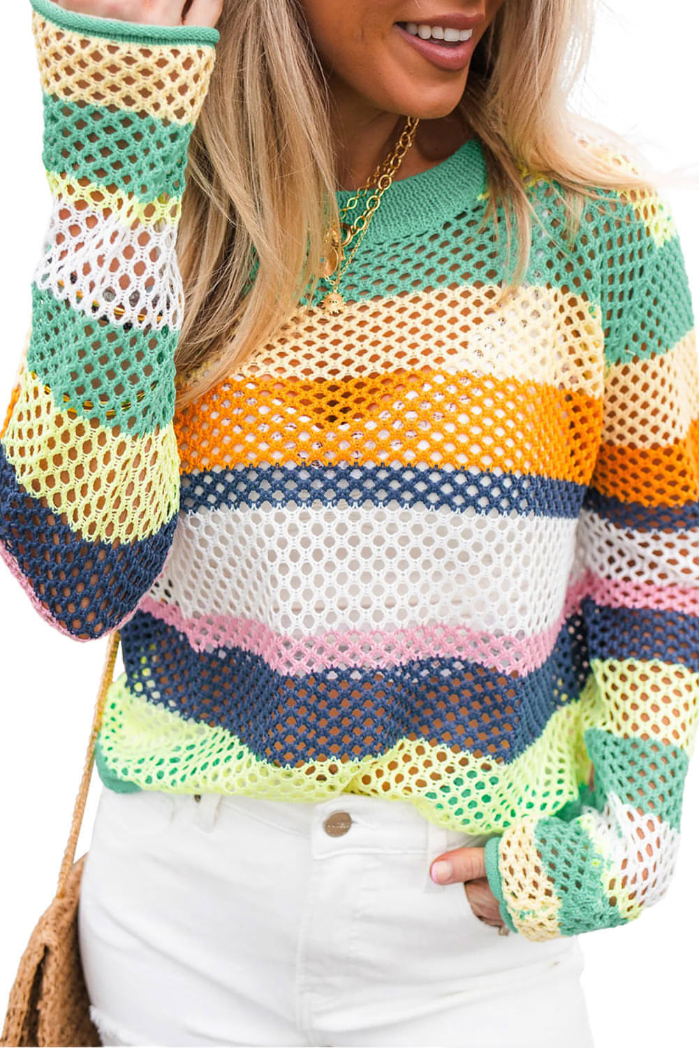 Grønn Colorblock Patchwork Knit Heklet Øyegenser