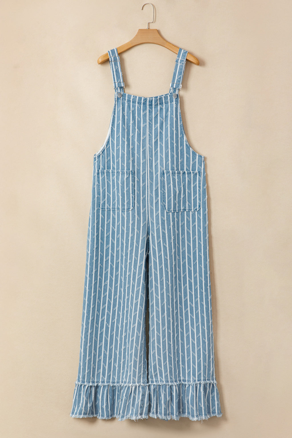 Myosotis Striped Distressed Ruffled Wide Leg Denim Overalls