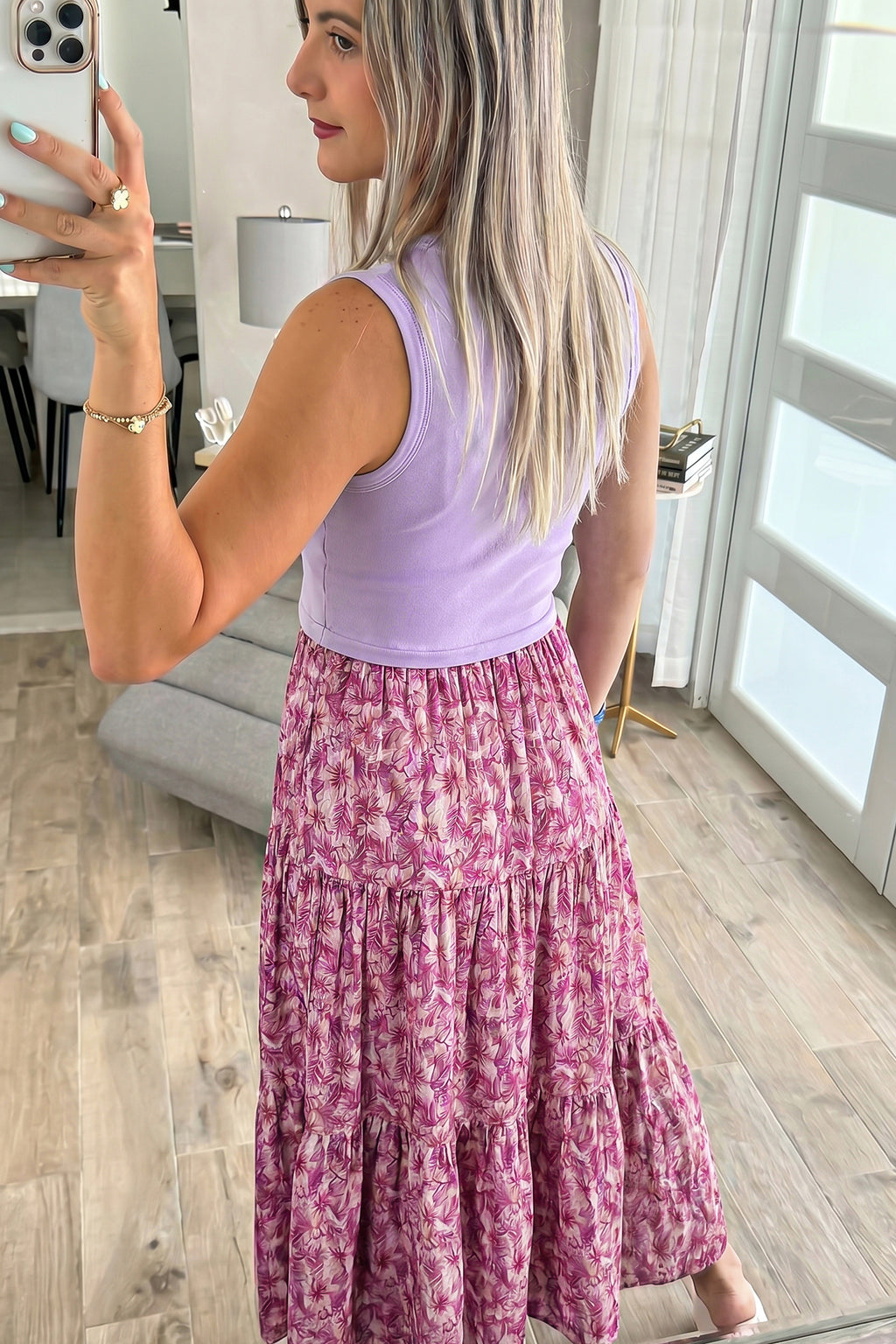 Purple Ribbed V Neck Tank Floral Contrast Patchwork Long Dress