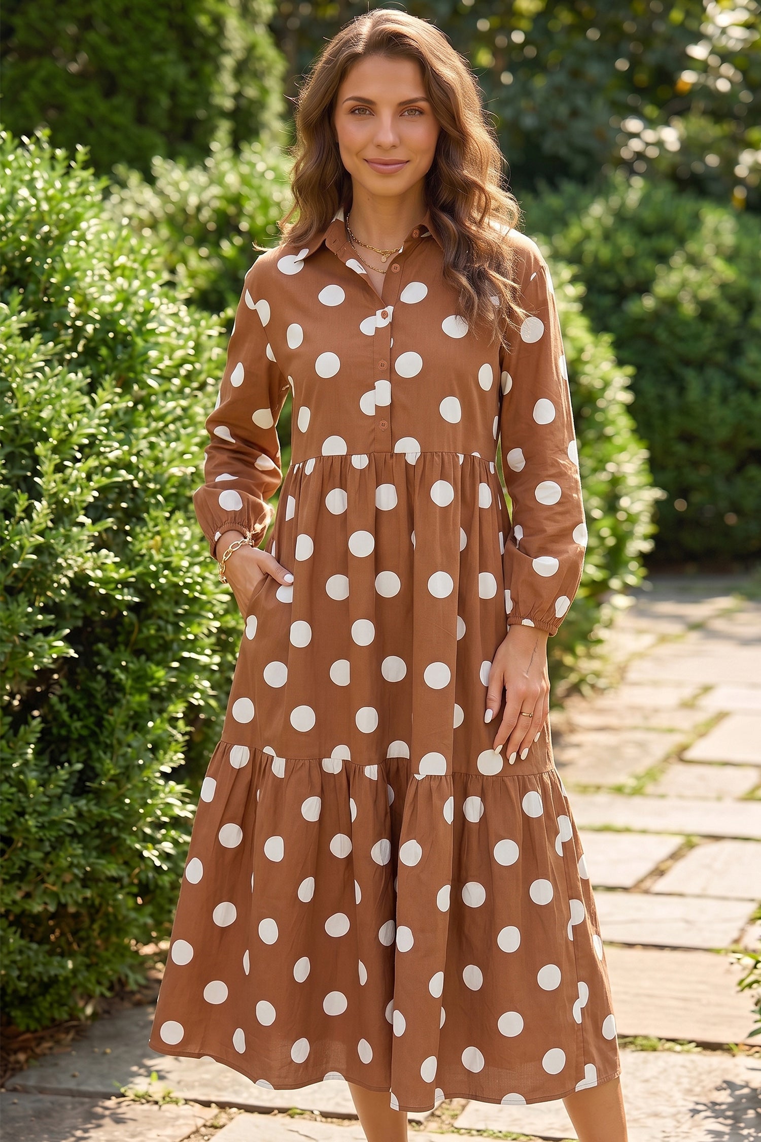 Brown Polka Dot Button Front Long Sleeve Shift Dress