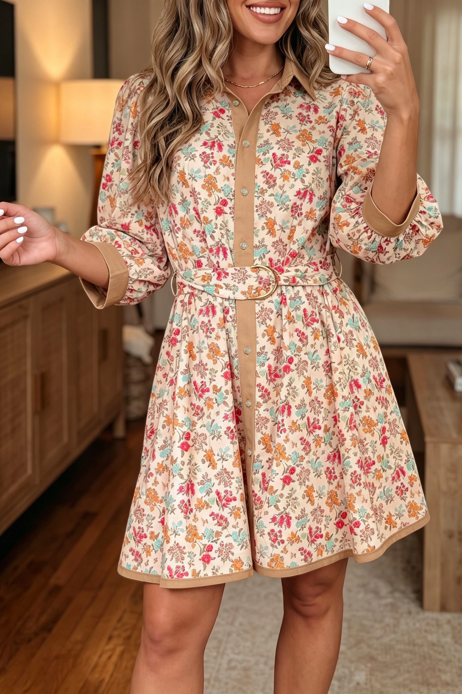 Orange Floral Print Color Block Trim Button Down 3/4 Sleeve Belted Mini Dress