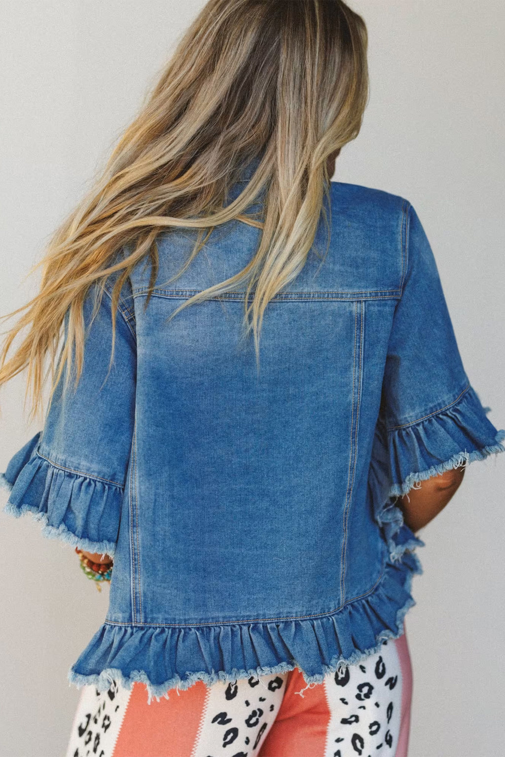 Blue Ruffle Hem Raw Edge Half Sleeve Western Denim Jacket
