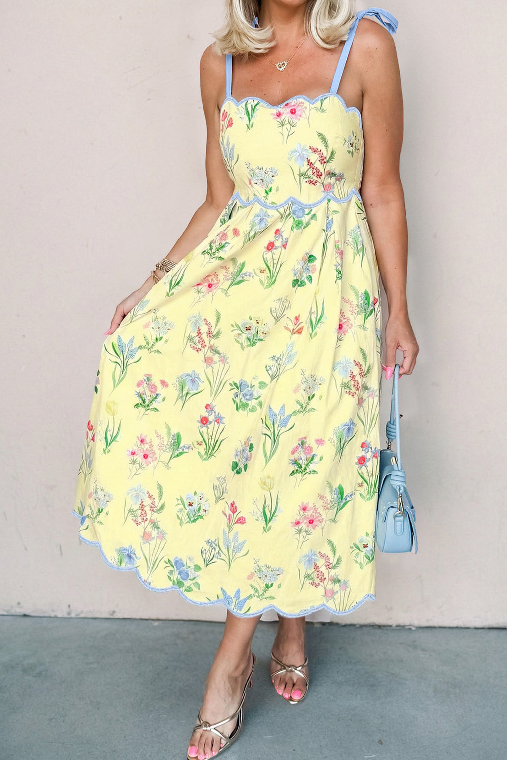 Beige Floral Print Contrast Trim Self-tie Straps High Waist Midi Dress
