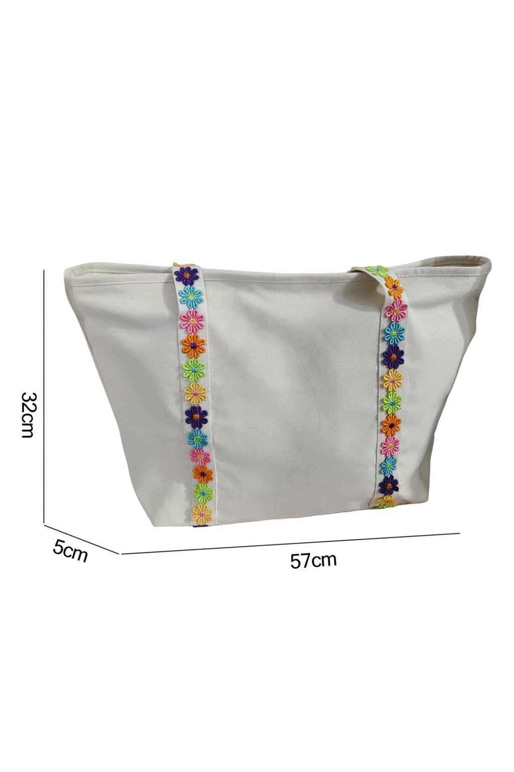 White Canvas Tote Bag with Embroidered Floral Strap Detail