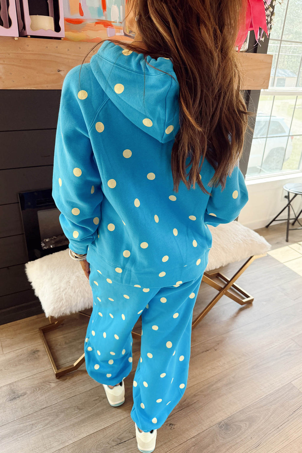 Blue Polka Dot Hooded Drawstring Long Sleeve Plus Size Set