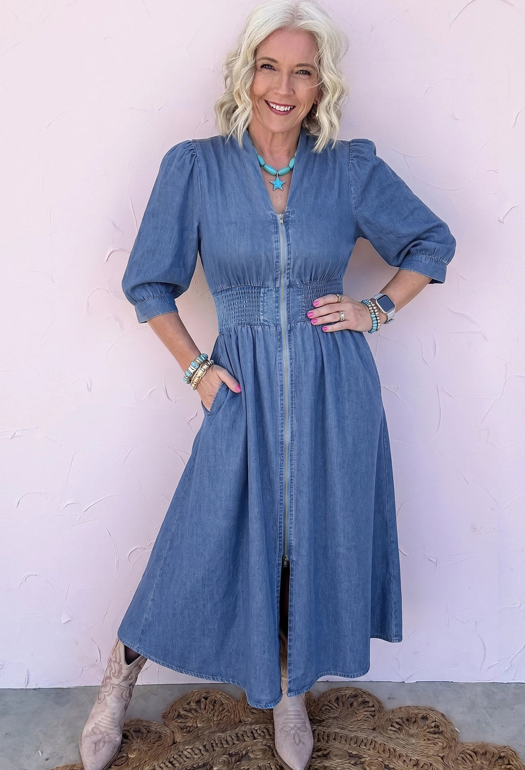 Blue V Neck Shirred Waist Metal Zipper Denim Midi Dress
