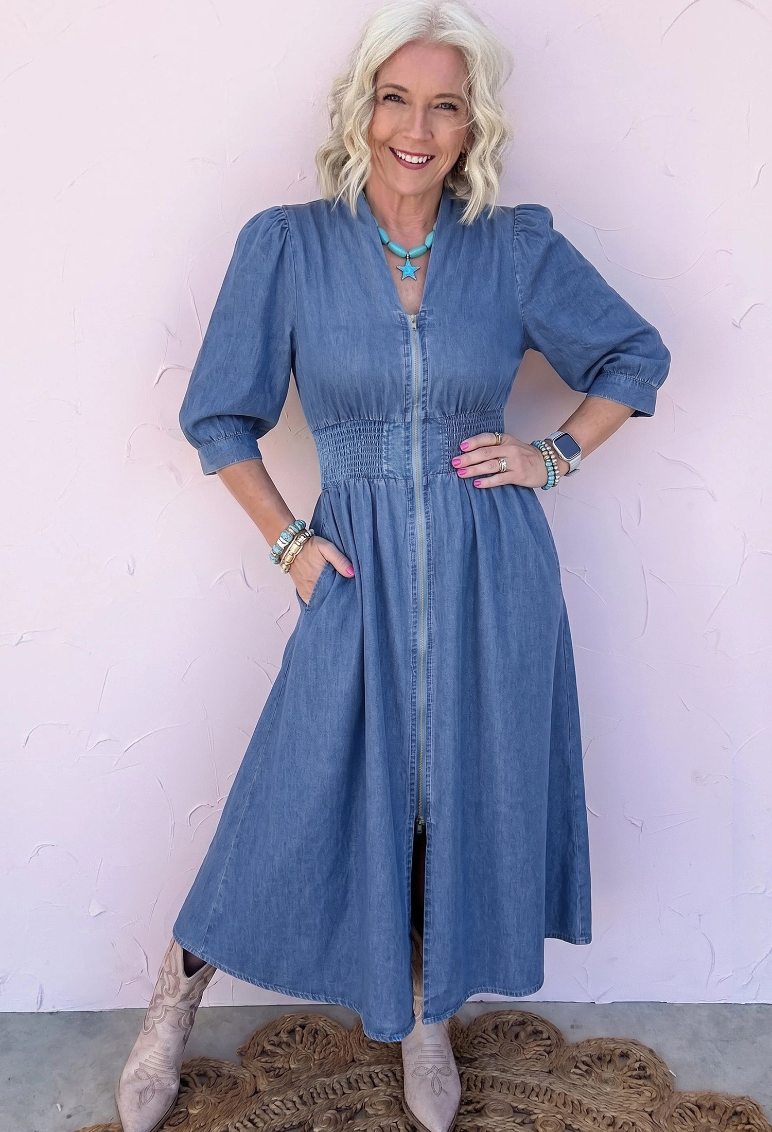 Blue V Neck Shirred Waist Metal Zipper Denim Midi Dress