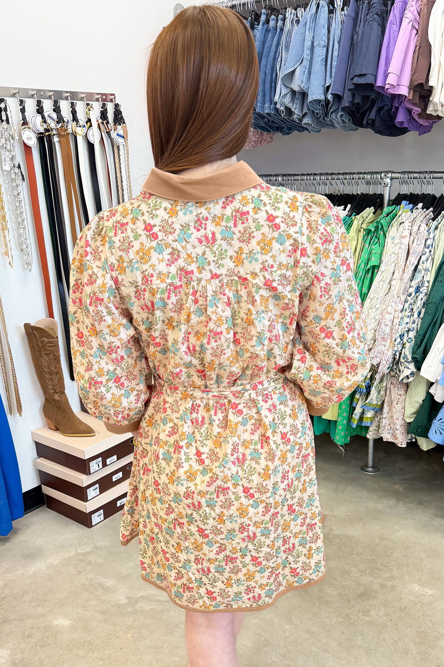Orange Floral Print Color Block Trim Button Down 3/4 Sleeve Belted Mini Dress