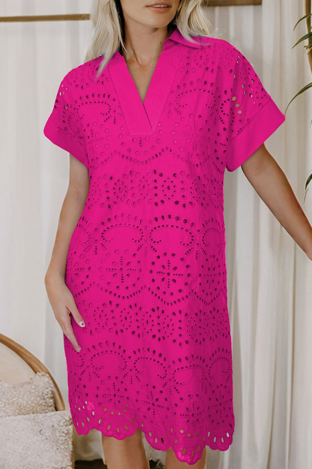 Green Solid Color Eyelet Embroidered T Shirt Mini Dress