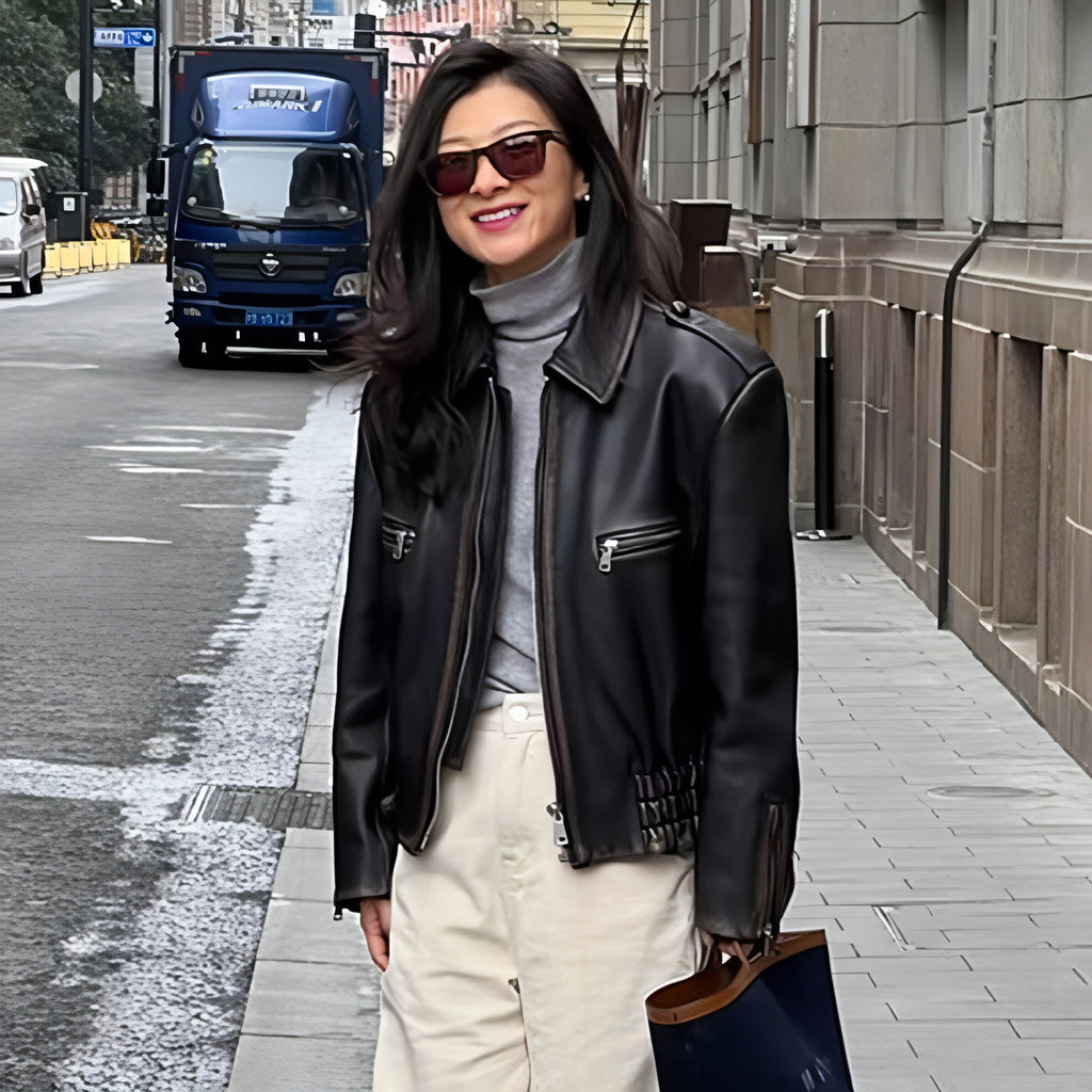 Damen Schaffellmantel Retro Biker Ledermantel