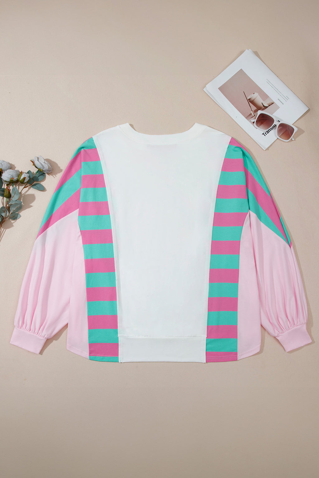 White Striped Colorblock V Neck Shift Long Sleeve Plus Size Blouse