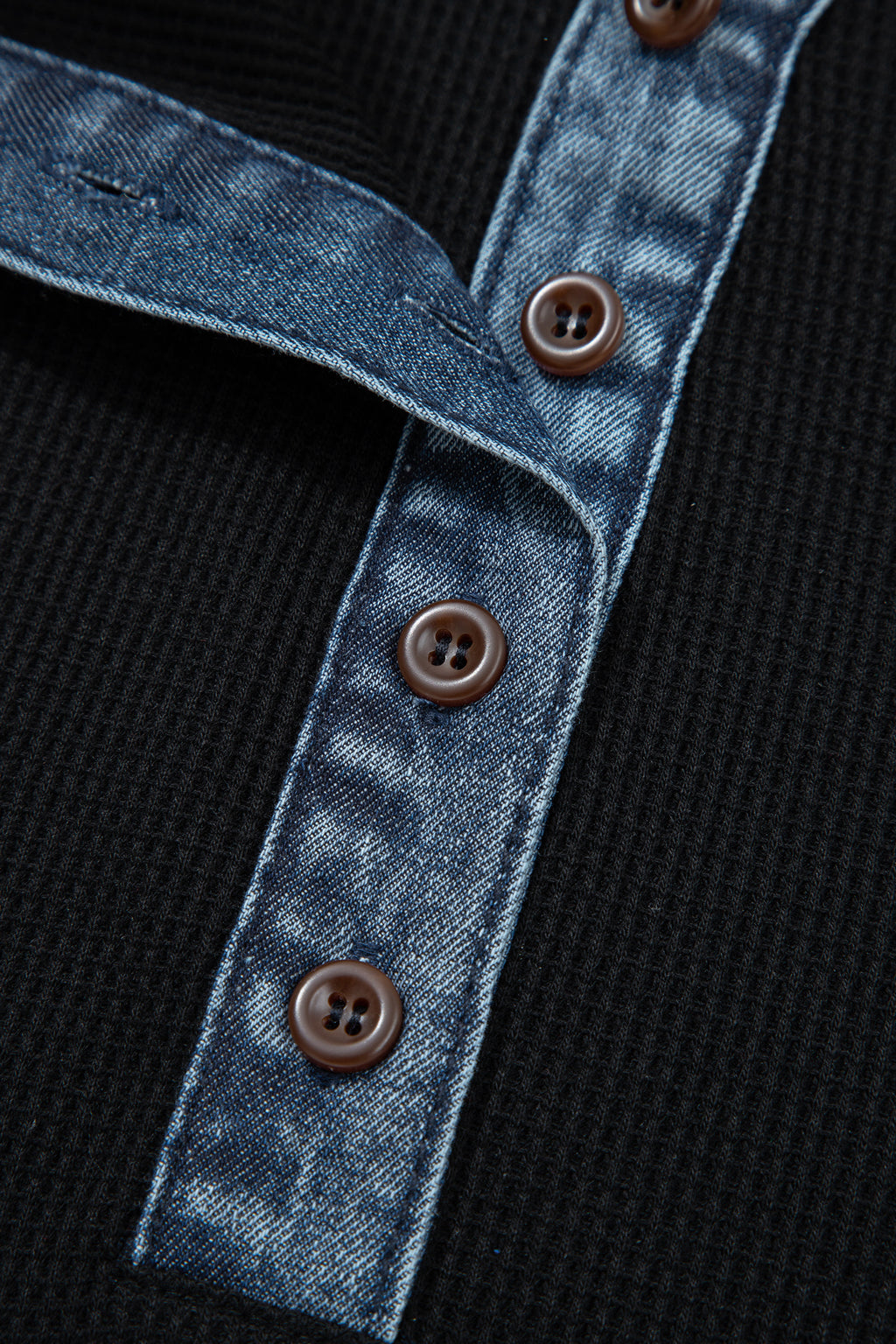Black Plus Size Textured Contrast Denim Patchwork Button Polo Tee