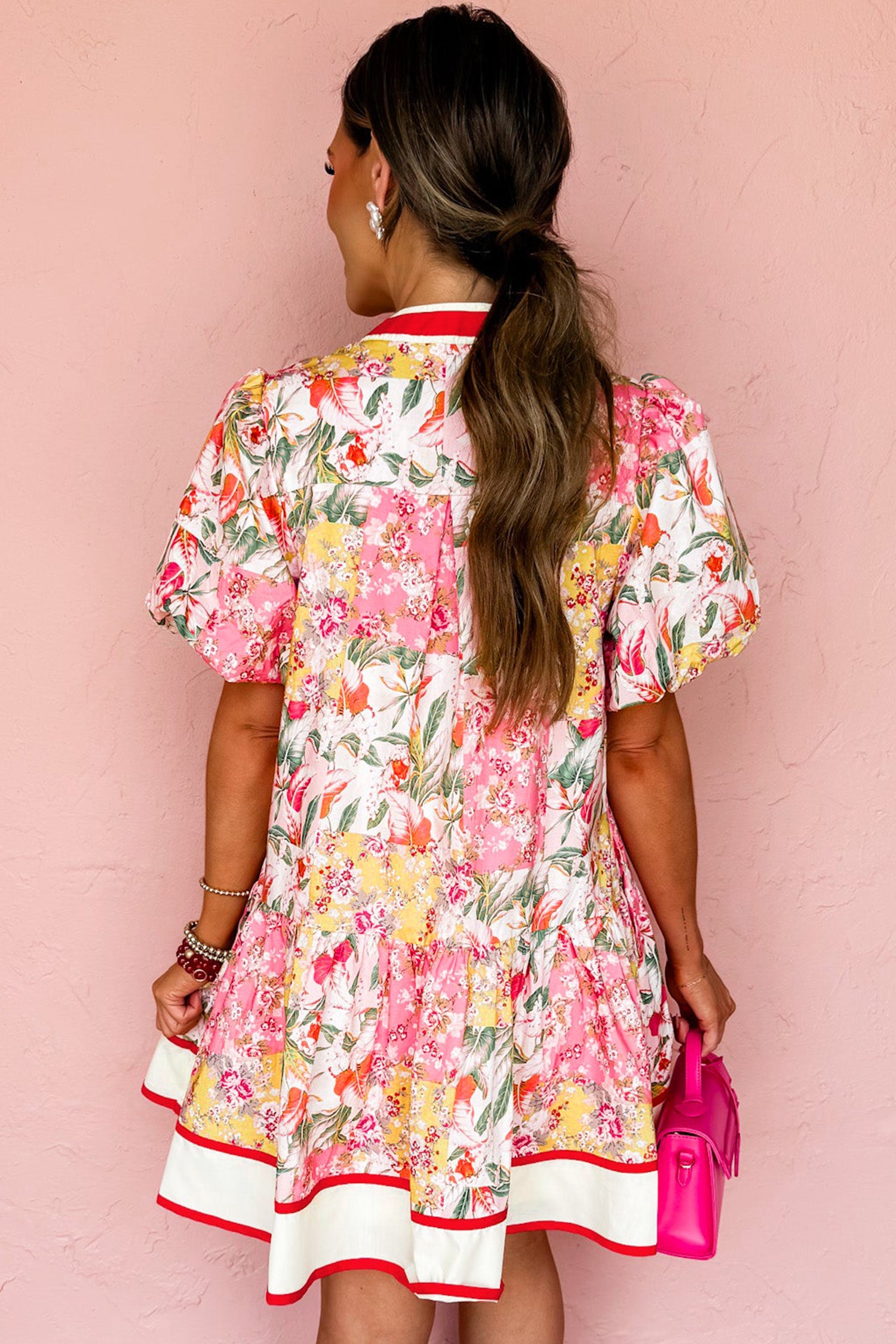 Pink Color Block Floral Print Contrast Trim V Neck Ruffle Hem Mini Dress
