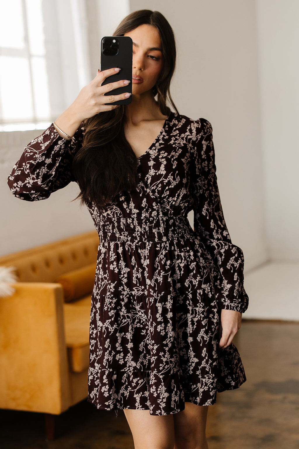 Brown Ditsy Floral Print Split Neck Long Sleeve Shirred Waist Flared Mini Dress