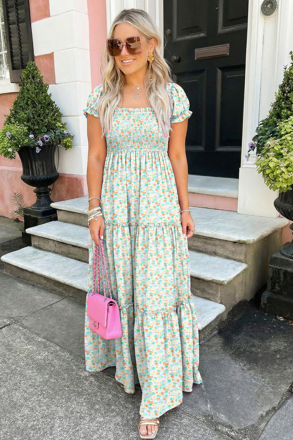 Purple Floral Short Bubble Sleeve Shirred High Waist Maxi Dress