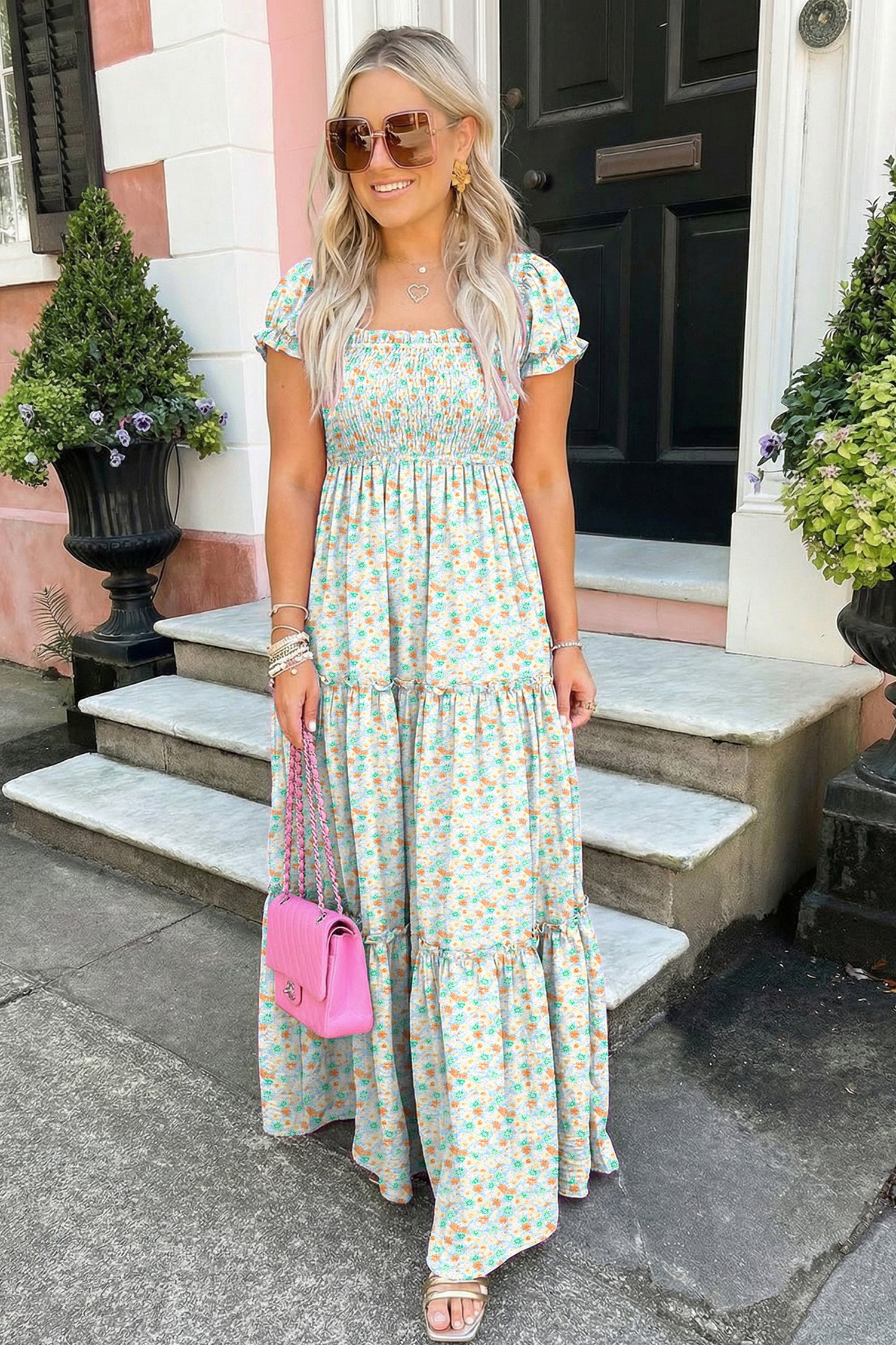 Purple Floral Short Bubble Sleeve Shirred High Waist Maxi Dress