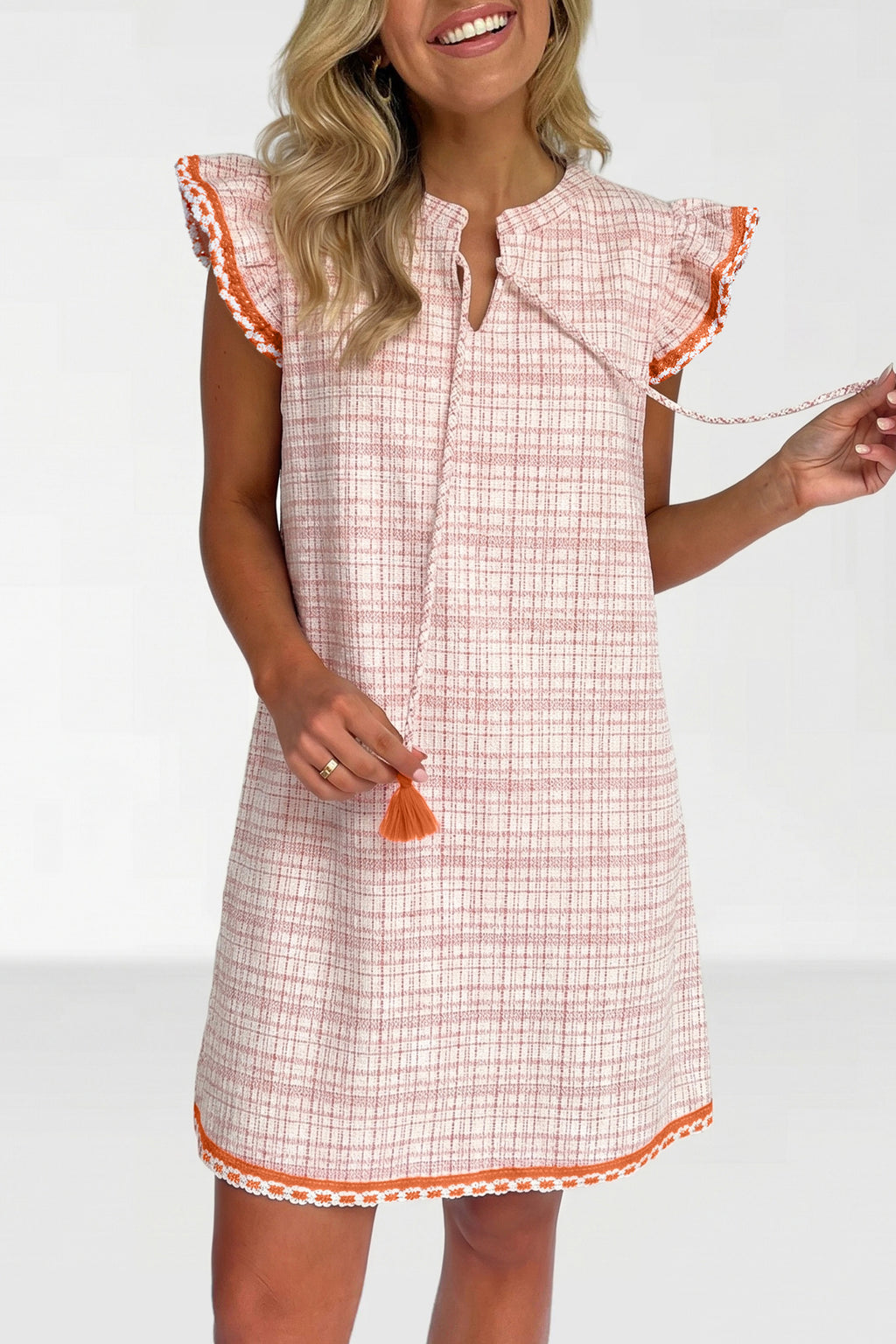 White Jacquard Textured Contrast Trim Short Sleeve Tassel Tie Shift Dress