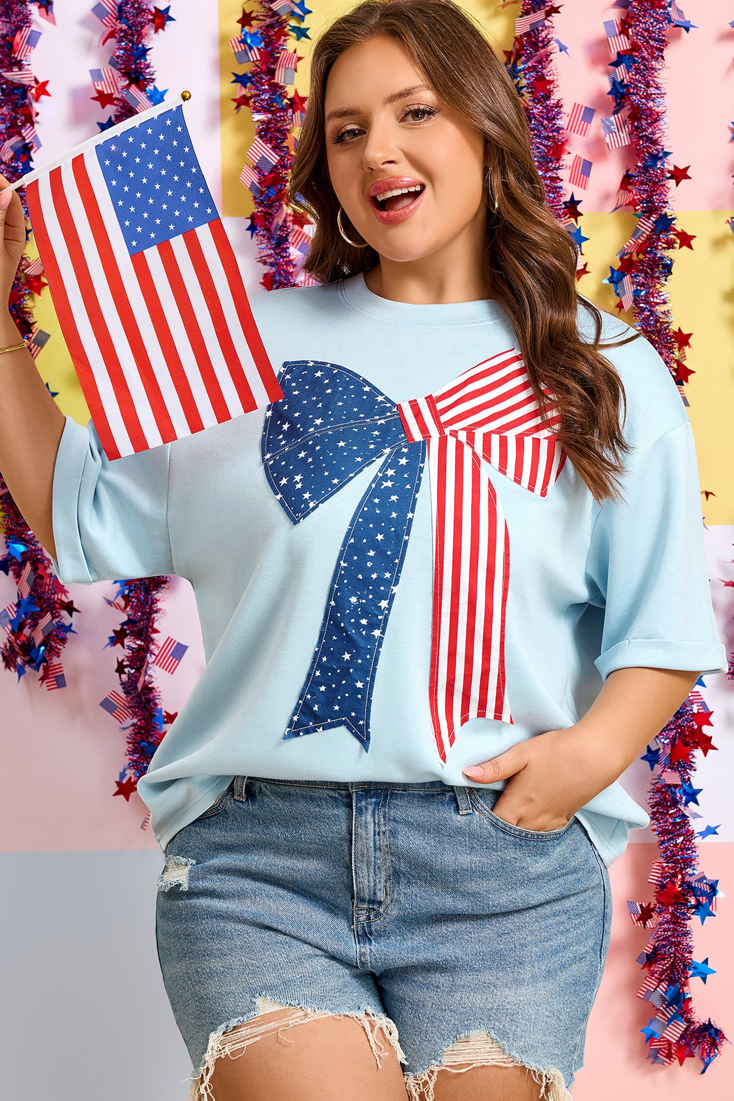 Beau Blue Plus Size Patriotic Bow Patchwork Graphic T-Shirt