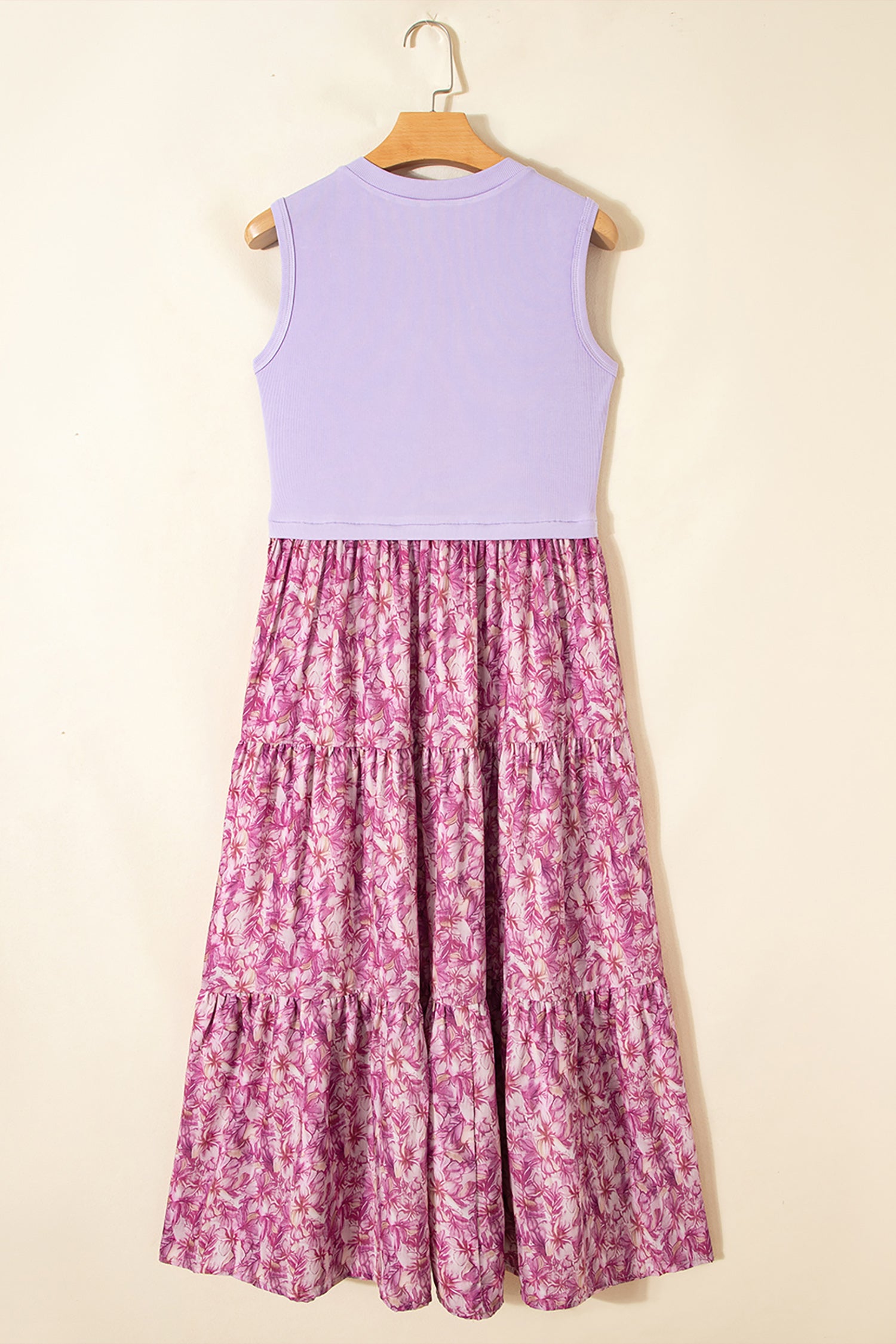 Purple Ribbed V Neck Tank Floral Contrast Patchwork Long Dress