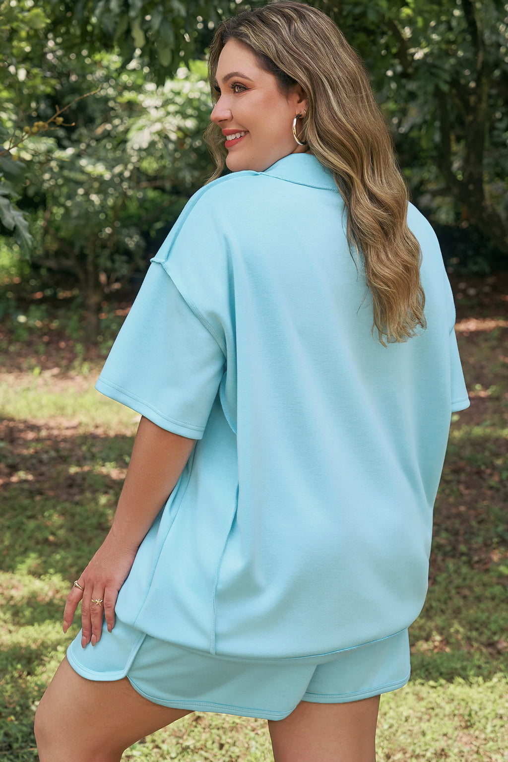 Mist Blue Solid Color Mock Neck Half Sleeve Top Plus Size 2pcs Short Set