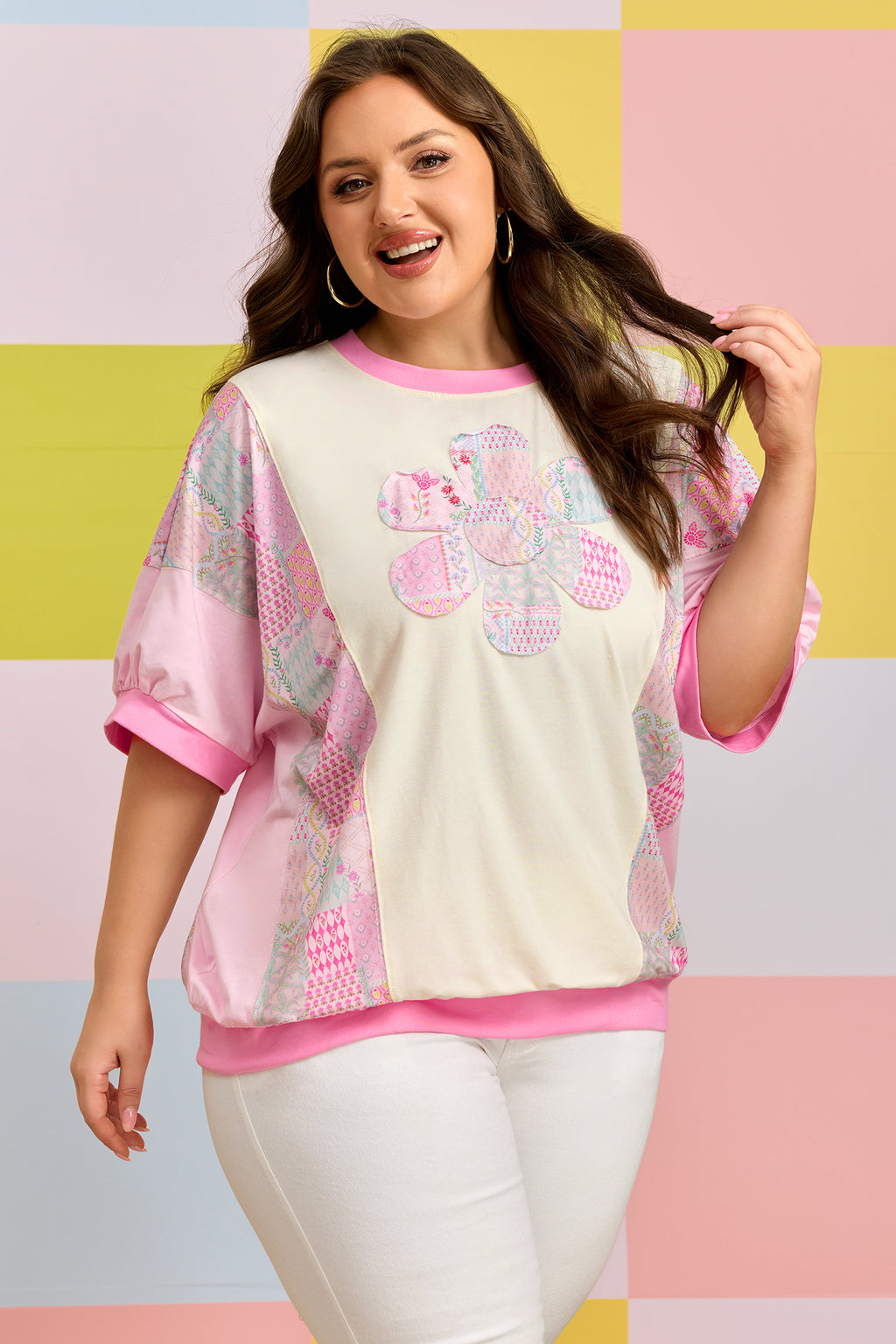 Beige Plus Size Floral Patchwork Short Sleeve Patch Embroidery Cotton T Shirt