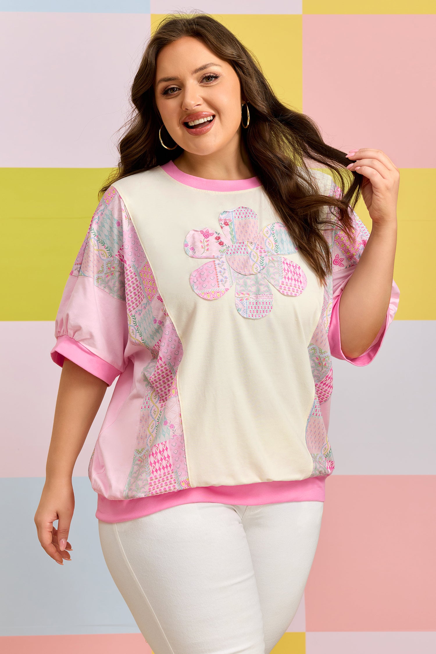Beige Plus Size Floral Patchwork Short Sleeve Patch Embroidery Cotton T Shirt