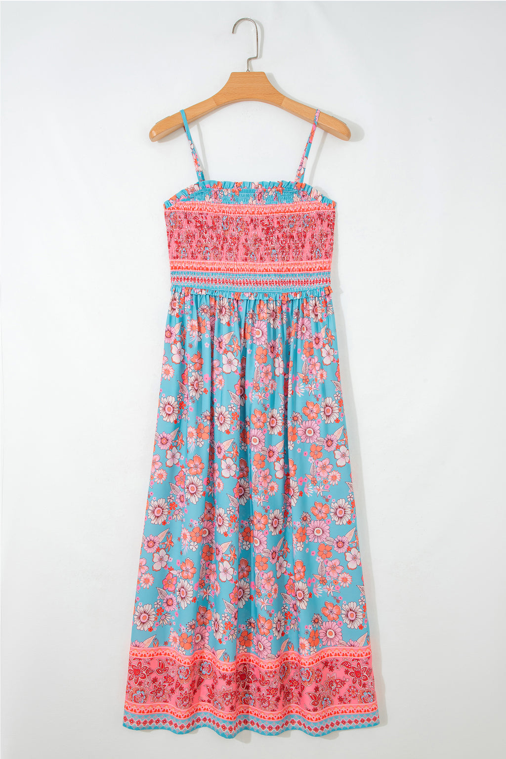 Sky Blue Bohemian Ethnic Print Spaghetti Straps Vacation Maxi Dress