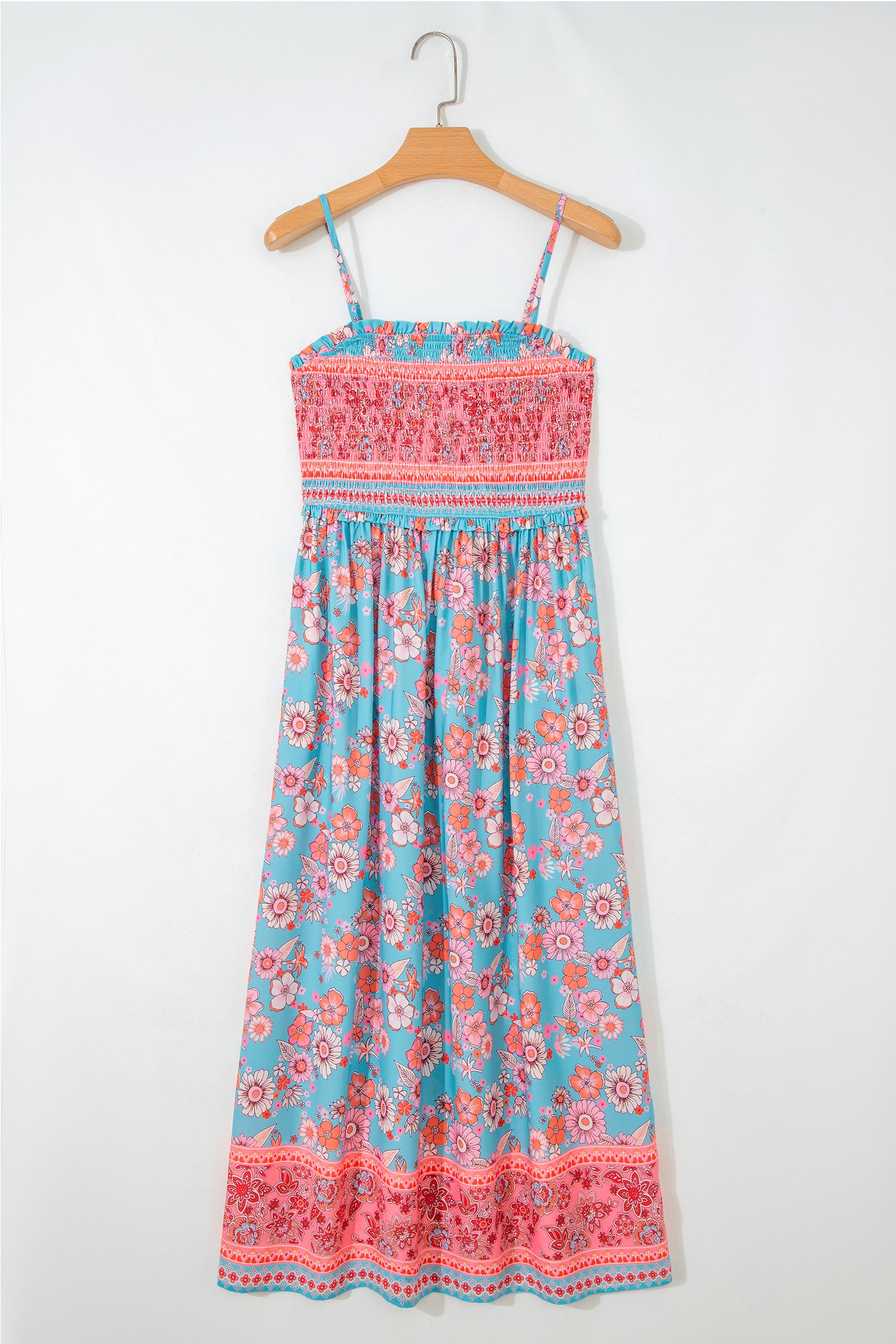 Sky Blue Bohemian Ethnic Print Spaghetti Straps Vacation Maxi Dress