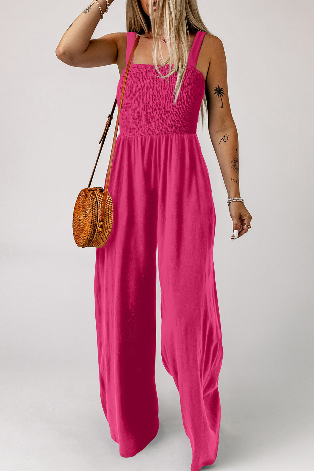 Peacock Blue Smocked Square Neck Sleeveless Jumpsuit with Pockets