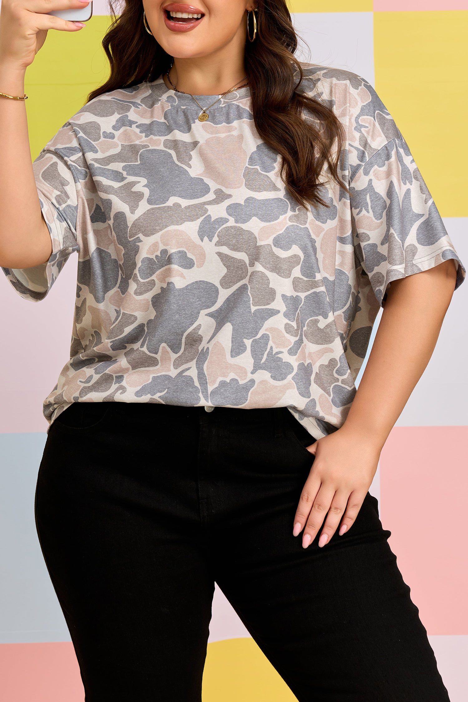 Multicolour Retro Camouflage Print Plus Size T Shirt