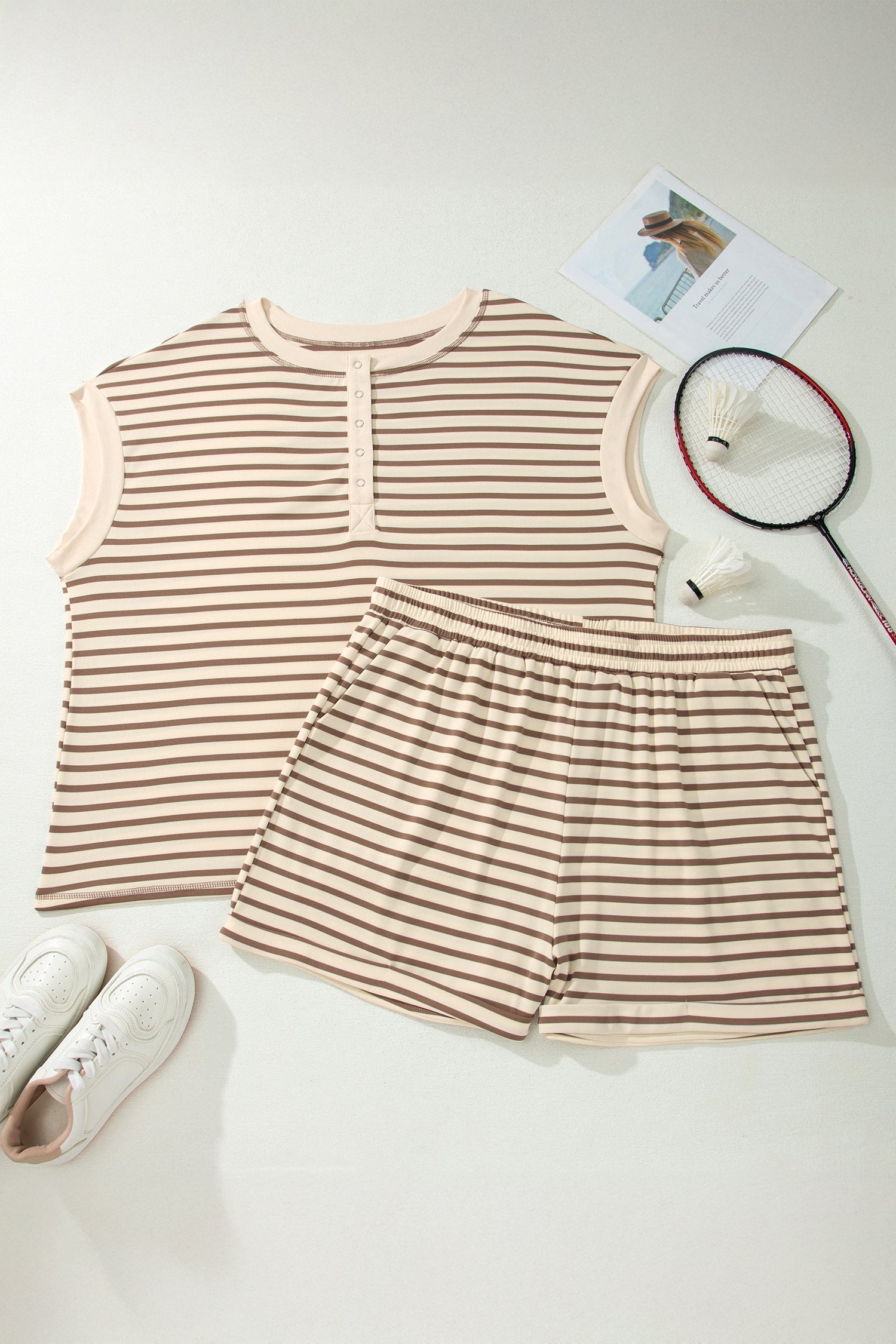 Brown Stripe Plus Size Half Buttons Top and Shorts Set