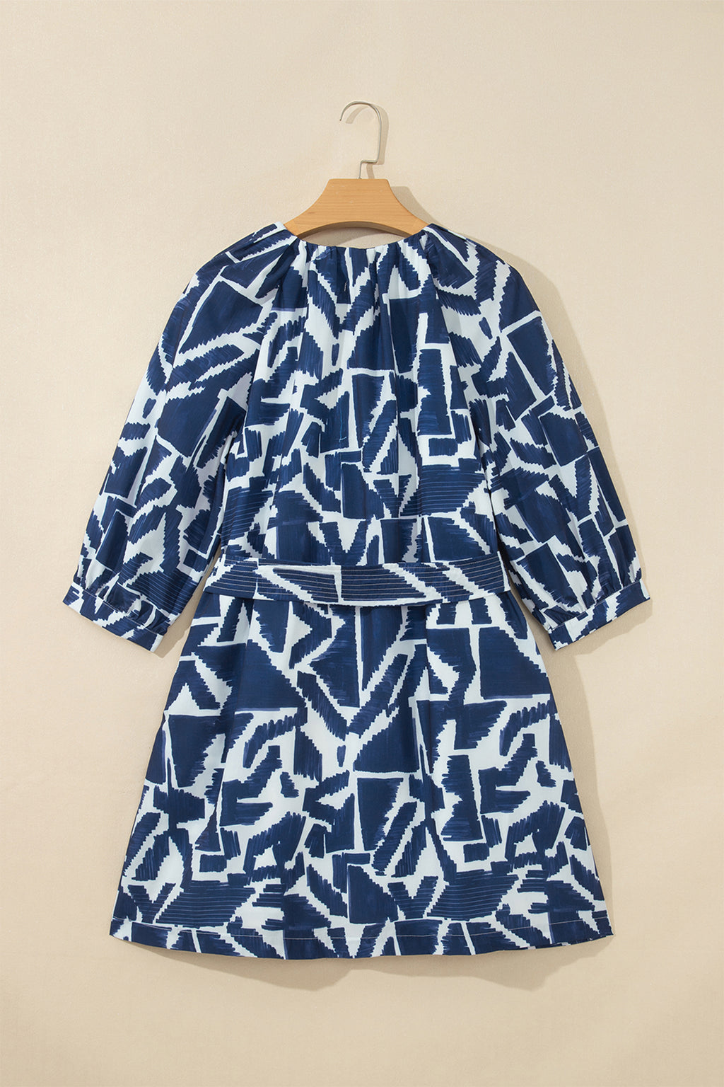 Blue Abstract Geometric Print Zip Front Tie Waist Shift Dress