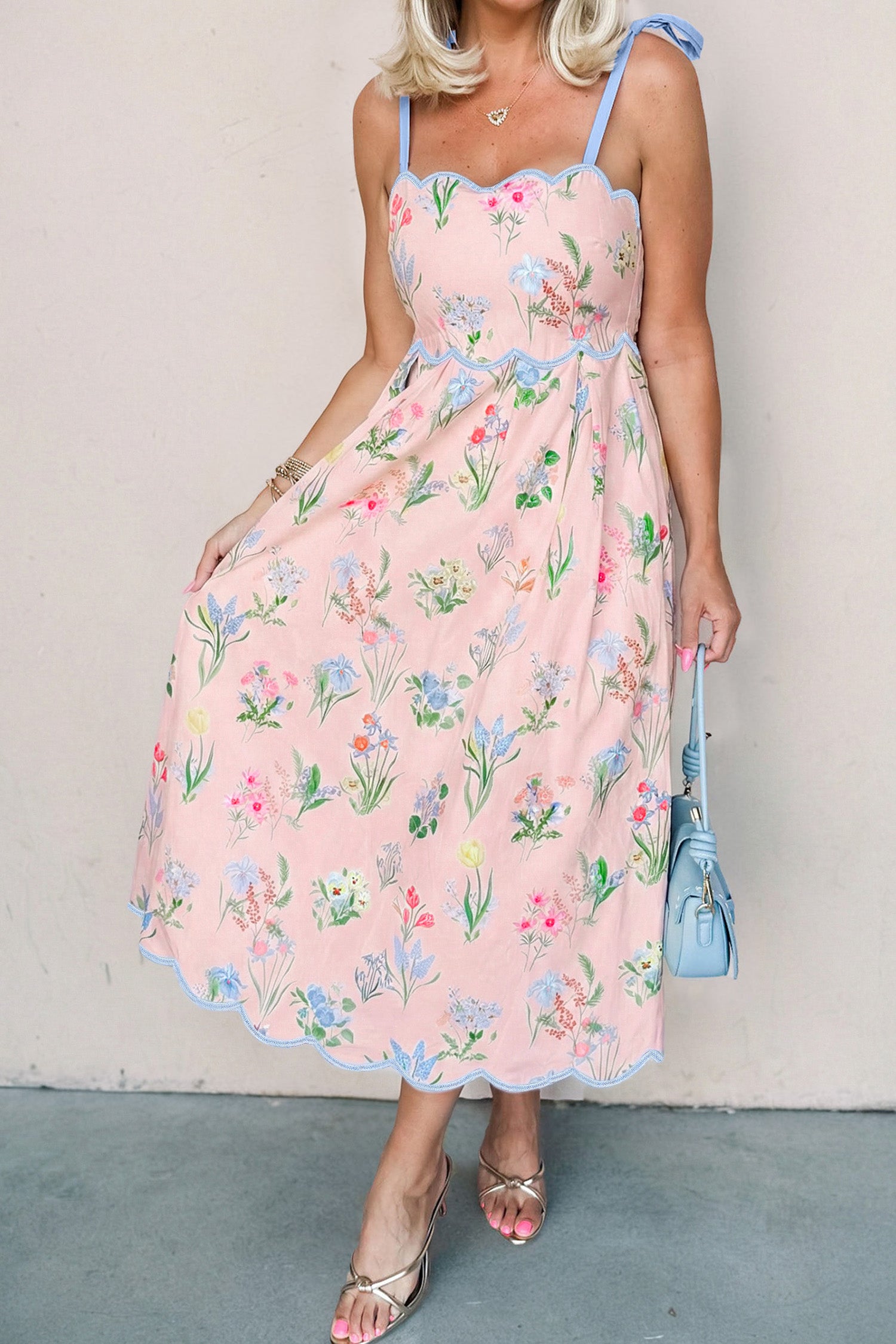 Beige Floral Print Contrast Trim Self-tie Straps High Waist Midi Dress