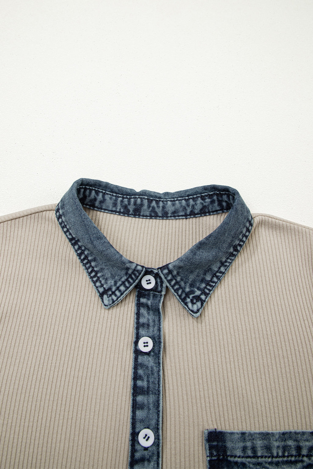 Beige Short Sleeve Ribbed Knit Denim Patchwork Polo Collar Dress