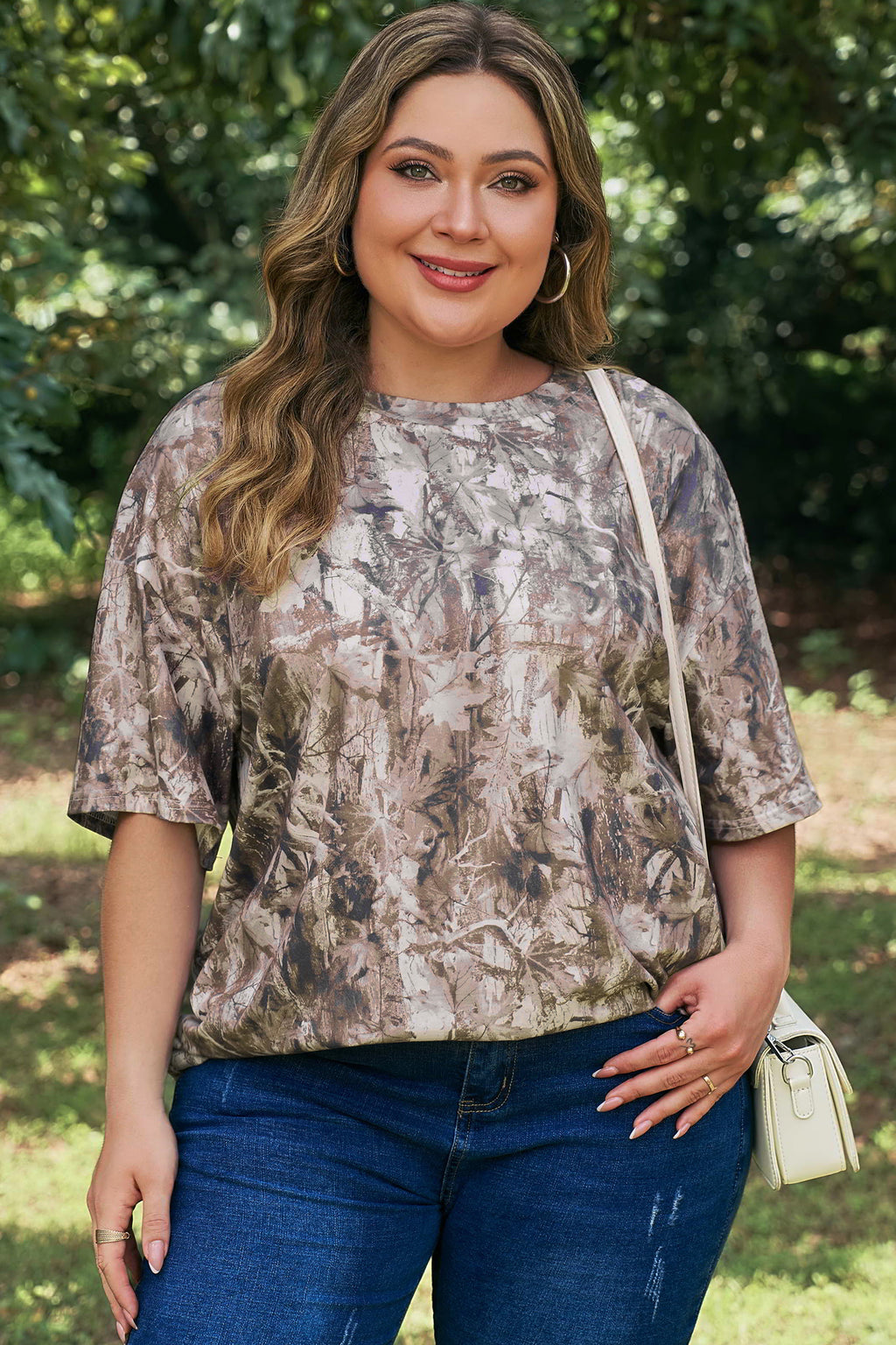 Khaki Plus Size Woodland Camouflage Print T Shirt
