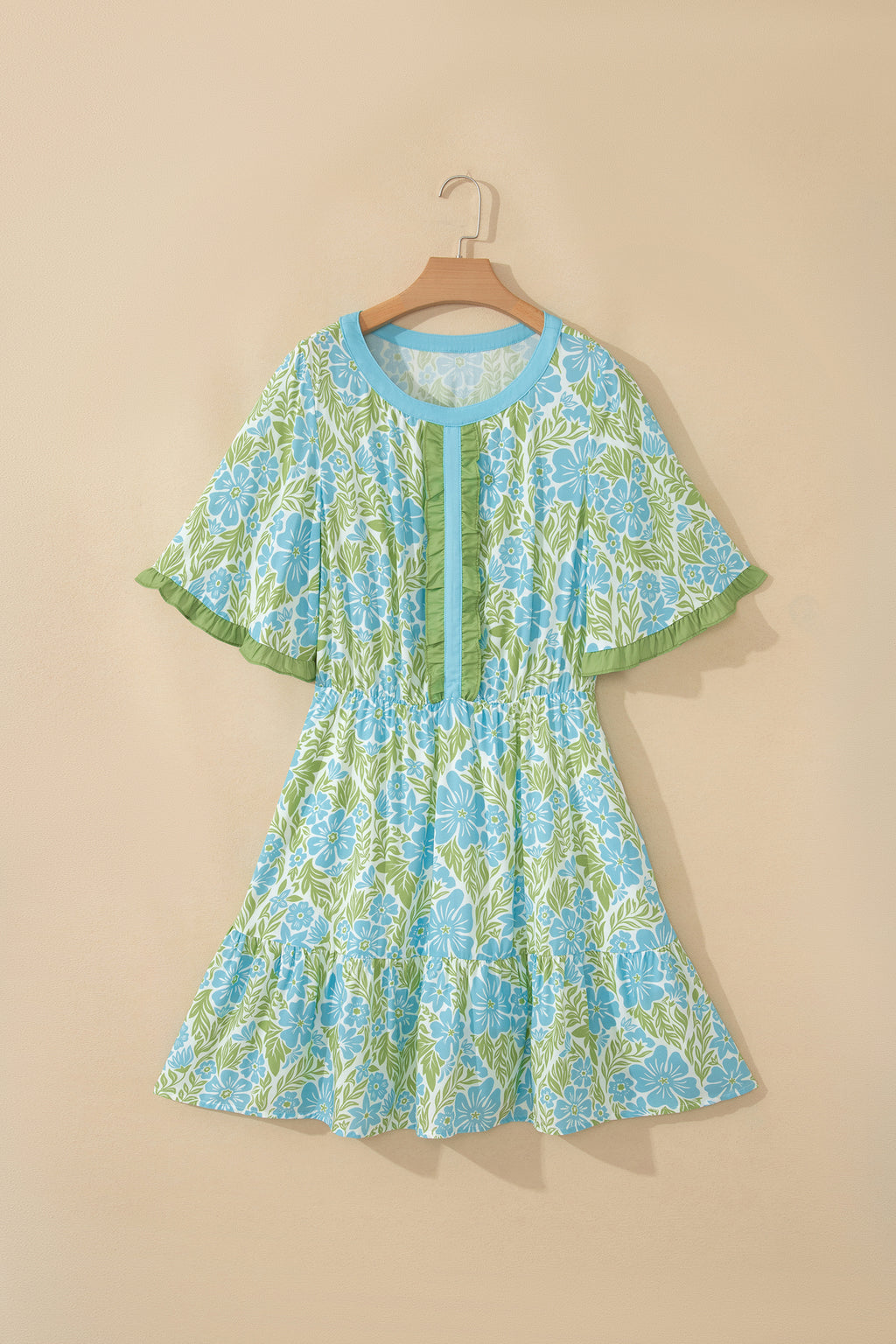 Sky Blue Floral Print High Waist Ruffle Short Sleeve Mini Dress