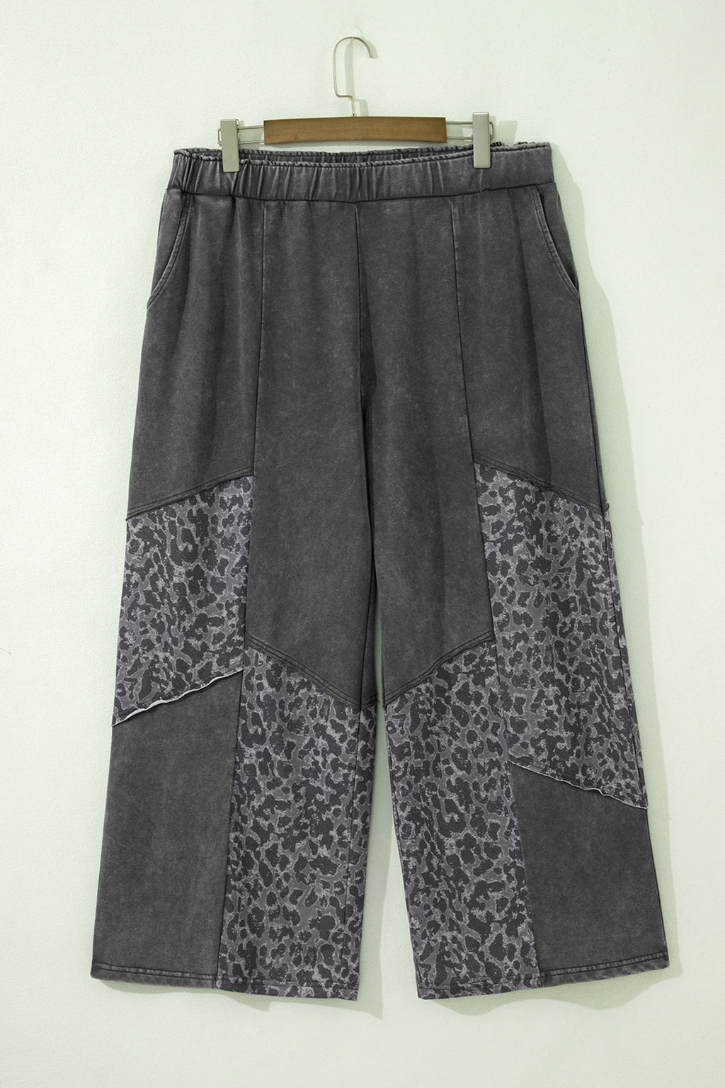 Dark Grey Plus Size Leopard Patchwork Mineral Wash Wide Leg Pants