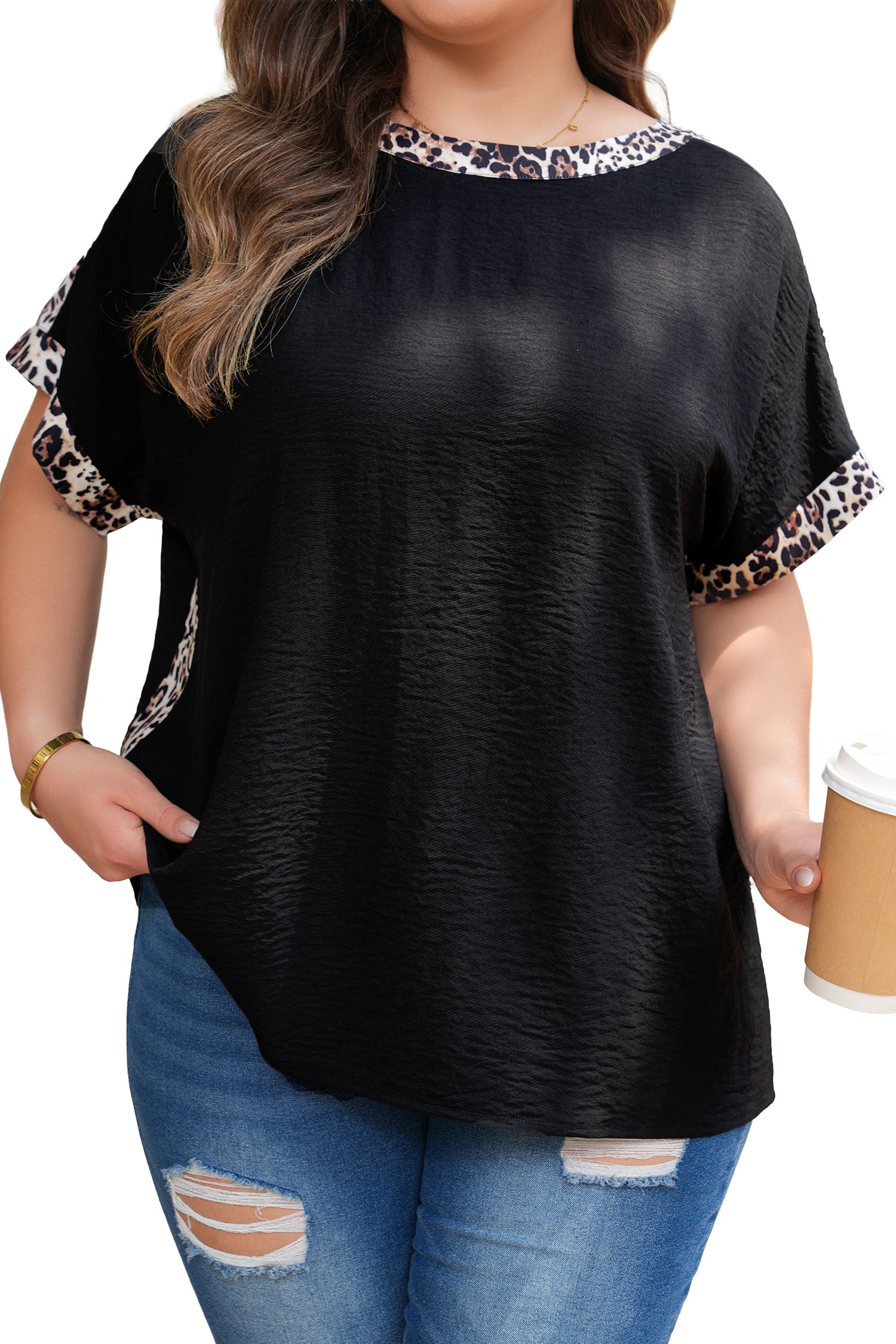 Black Plus Size Leopard Patchwork Round Neck Loose Tee
