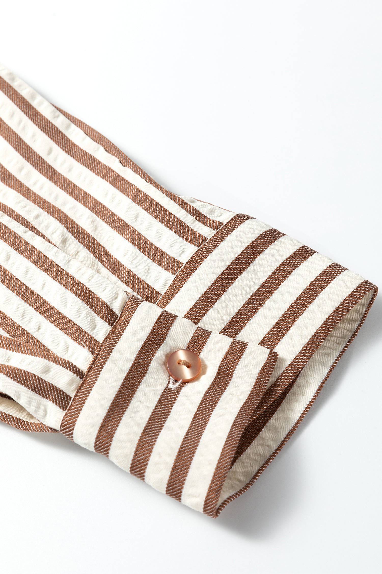 Brown Stripe Textured 3/4 Sleeve Round Hem Split Midi Shirt Dress
