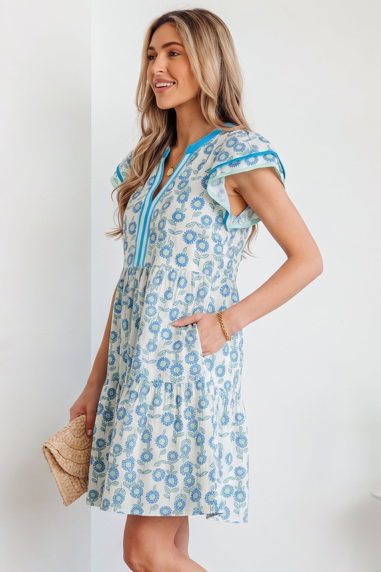 Sky Blue Floral Print Contrast Trim Flutter Sleeve Mini Dress
